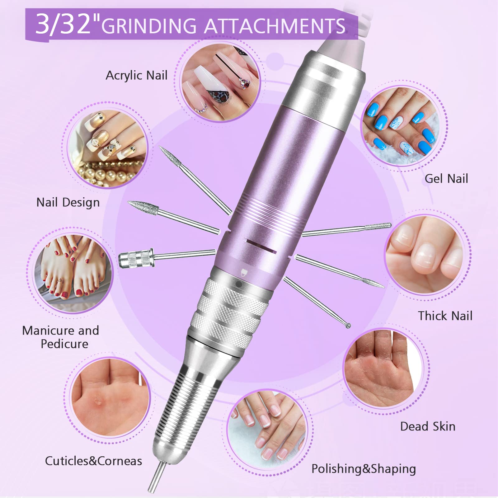 HoMove 35000RPM Professional Cordless Nail Drill Machine - Rechargeable Electric Efile for Acrylic & Gel Nails, Portable Manicure Pedicure Tool with LED Light (Purple) | Perfect for Salon Professionals & Home Nail Care