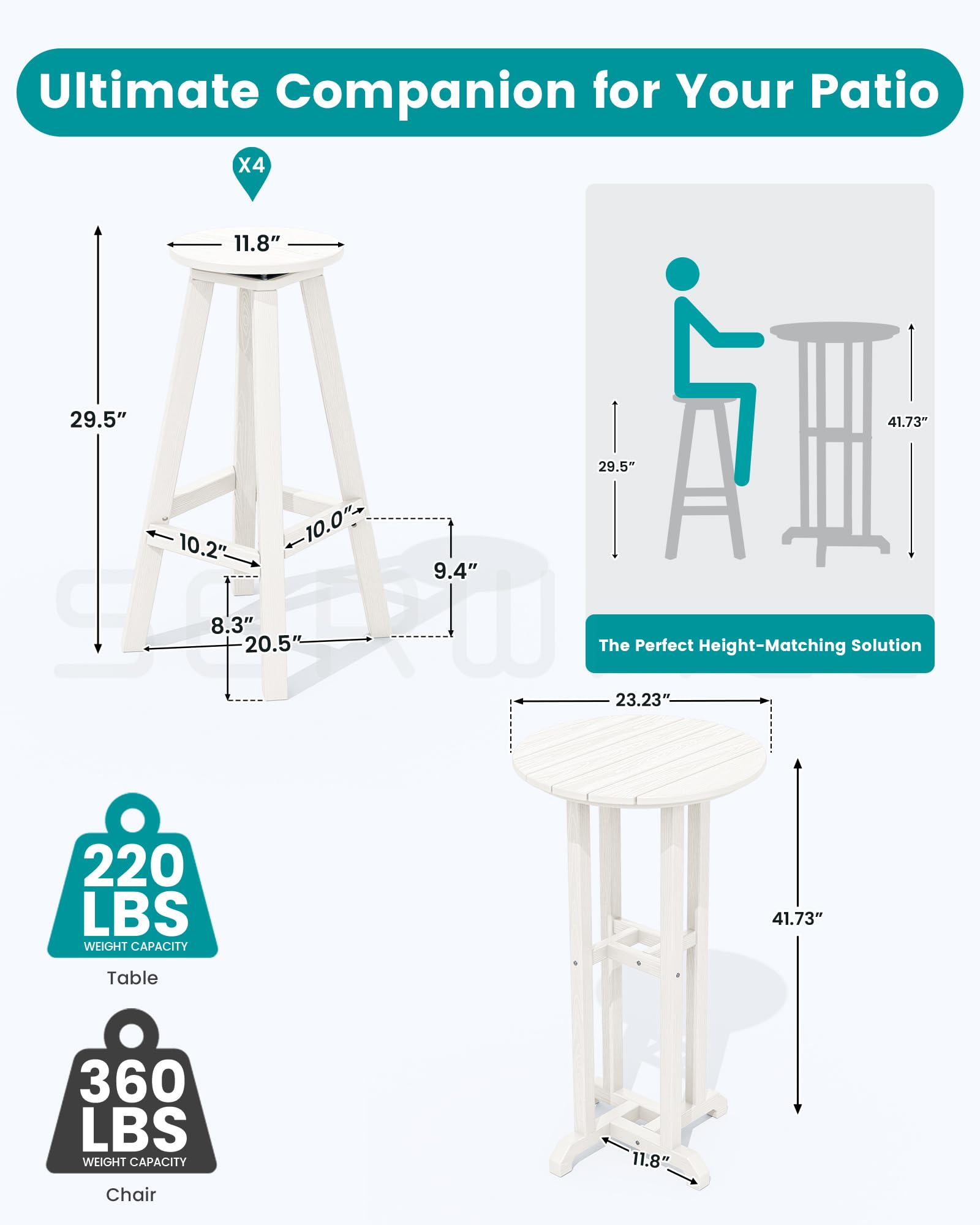 SERWALL 4-Piece Outdoor Bar Table and Chairs Set - Round All-Weather HDPE Patio Furniture with Swivel Stools - Perfect for Poolside, Backyard, Deck, Garden & Outdoor Entertaining (White)