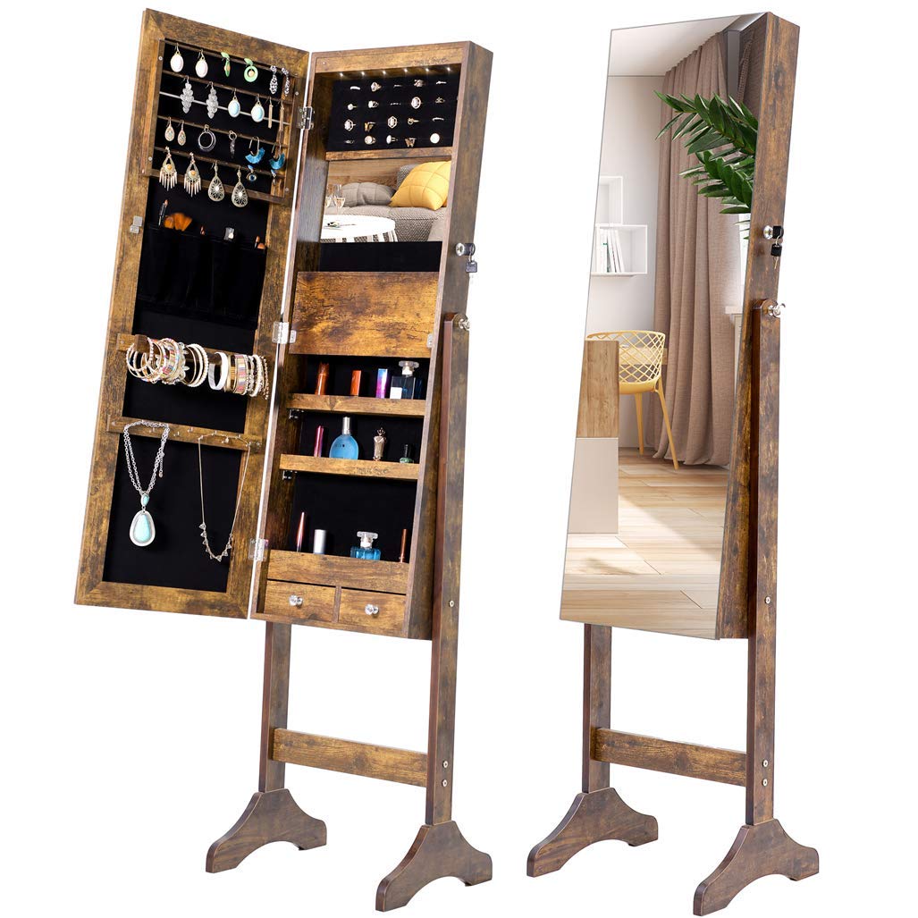 SZLIZCCC Full Length Standing Mirror with LED Jewelry Storage Cabinet - Lockable Vertical Jewelry Organizer 15.8