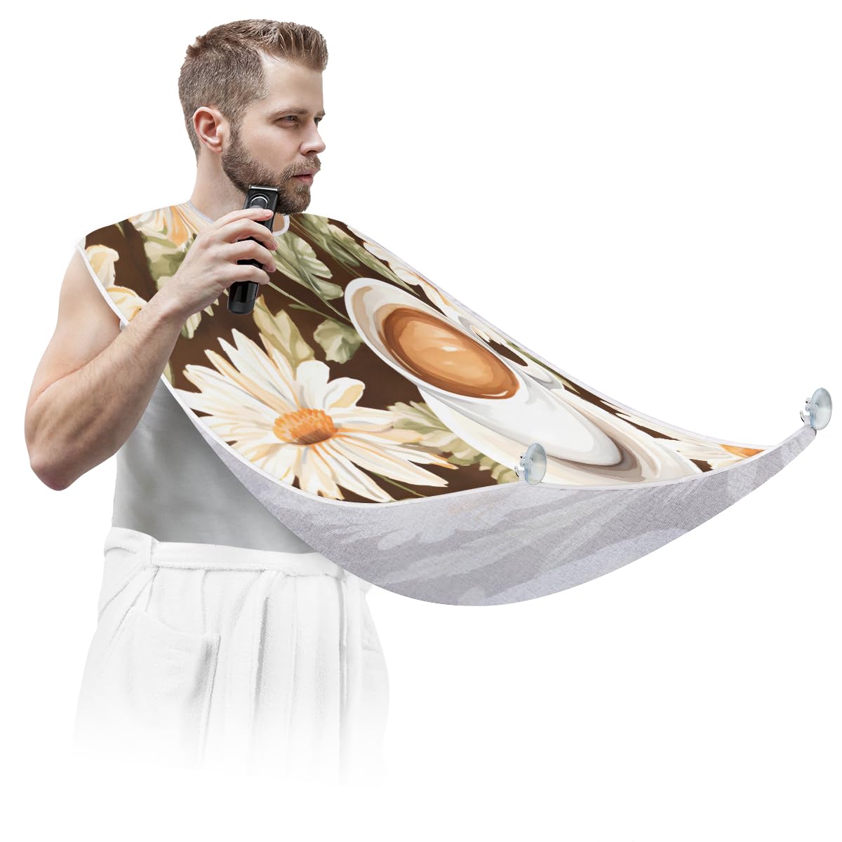 Men's Coffee Flower Print Shaving Bib - Waterproof Beard Trimming Apron for Hair Dye & Makeup, Salon Sink Hair Catcher with Adjustable Neck Strap - Perfect Barber Accessory & Grooming Gift for Dad