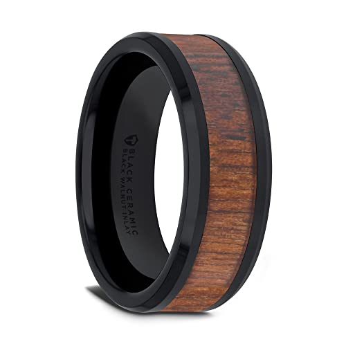 Yukon Black Ceramic Wedding Ring Band with Walnut Wood Inlay & Polished Beveled Edges - 4mm to 12mm Width - Durable & Comfortable for Men & Women - Perfect for Weddings, Anniversaries, and Everyday Wear
