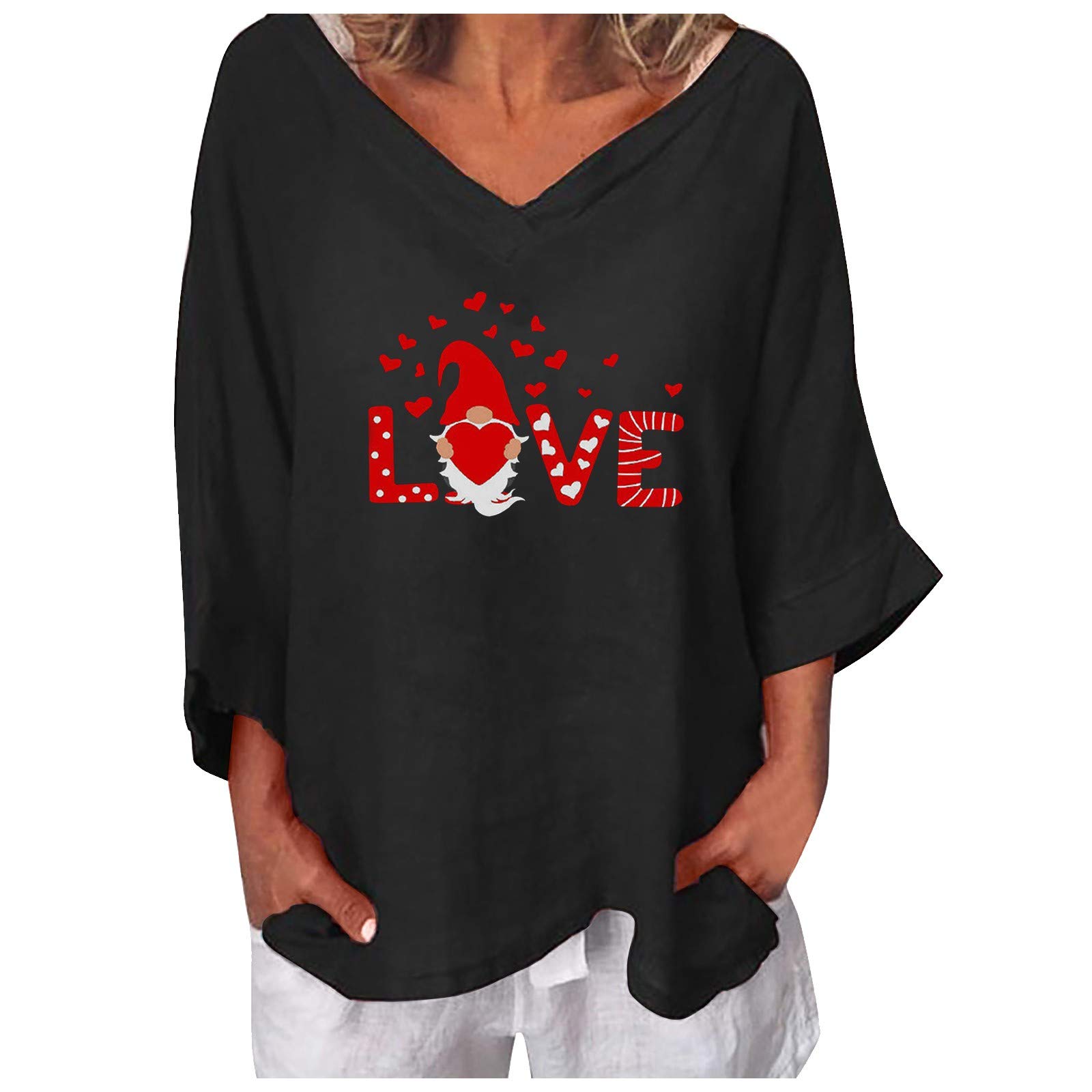 Valentine's Day Women's Heart Print Cotton V-Neck Long Sleeve T-Shirt - Casual Romantic Blouse for Date Night & Gift Giving