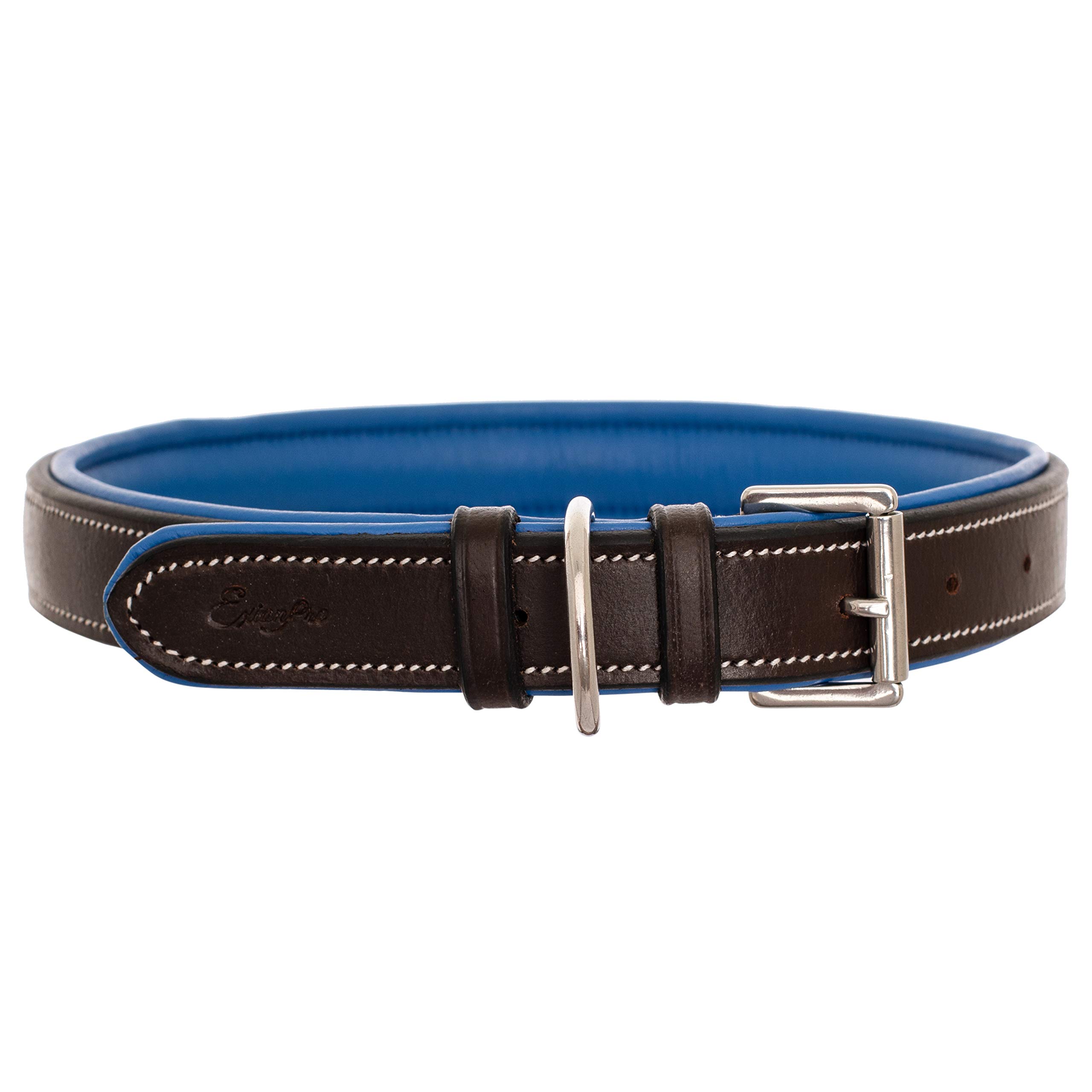 Exion Genuine Leather Dog Collar with Silver Snaffle - Soft Padded & Adjustable for Small, Medium, Large & X-Large Dogs - Perfect for Walking, Running & Outdoor Adventures - Havana Brown with Blue Padding - Durable & Comfortable Pet Accessory for Daily Use