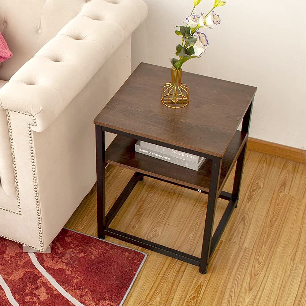 2-Tier Industrial Coral Flower Nightstands Set of 2 - Dark Oak Side Tables with Sturdy Metal Frame for Bedroom, Living Room & Balcony | Space-Saving End Tables for Small Apartments & Cozy Home Decor