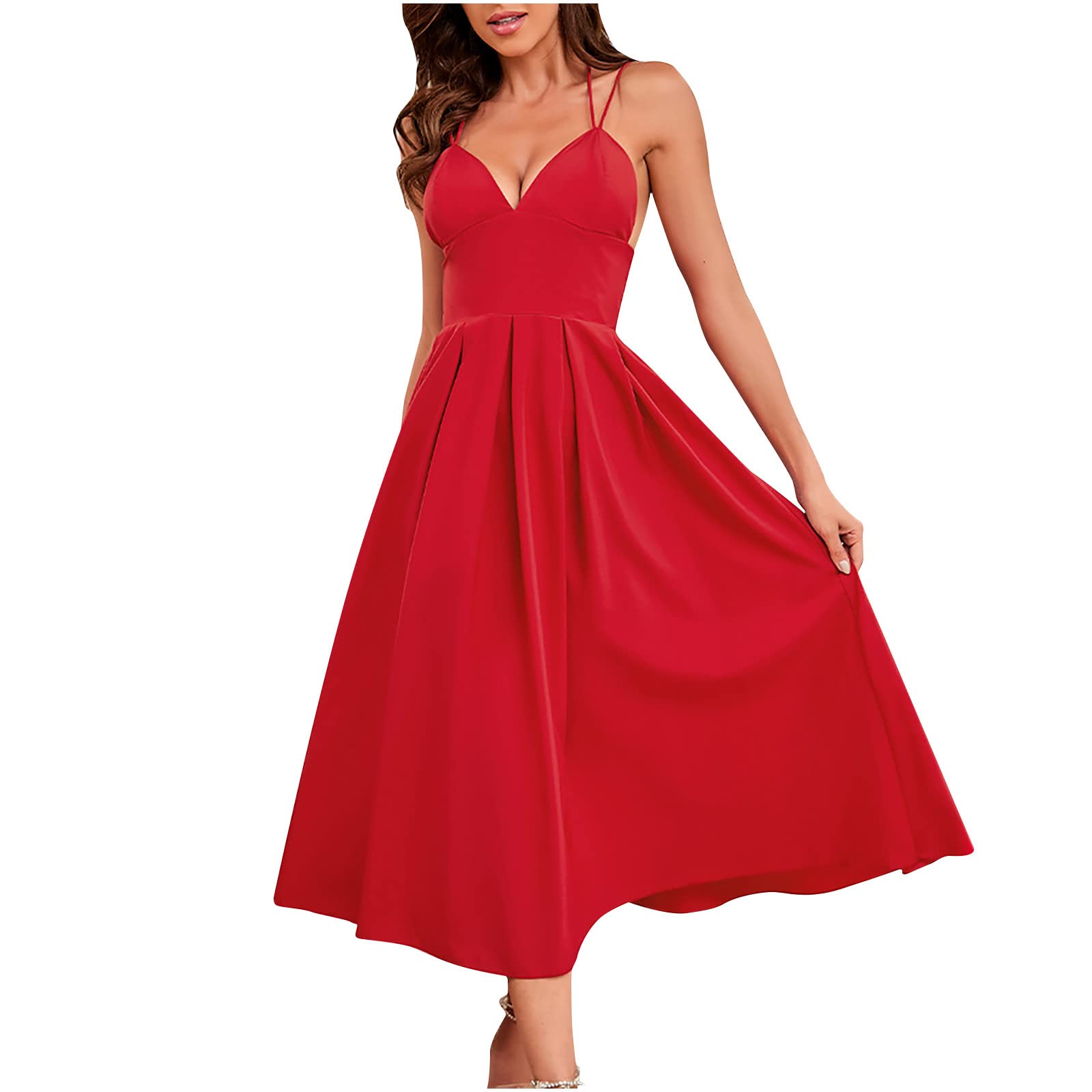Women's Summer Sleeveless Spaghetti Strap V-Neck Midi Dress - Backless Pleated Swing Long Party Dress for Beach, Wedding & Evening Occasions