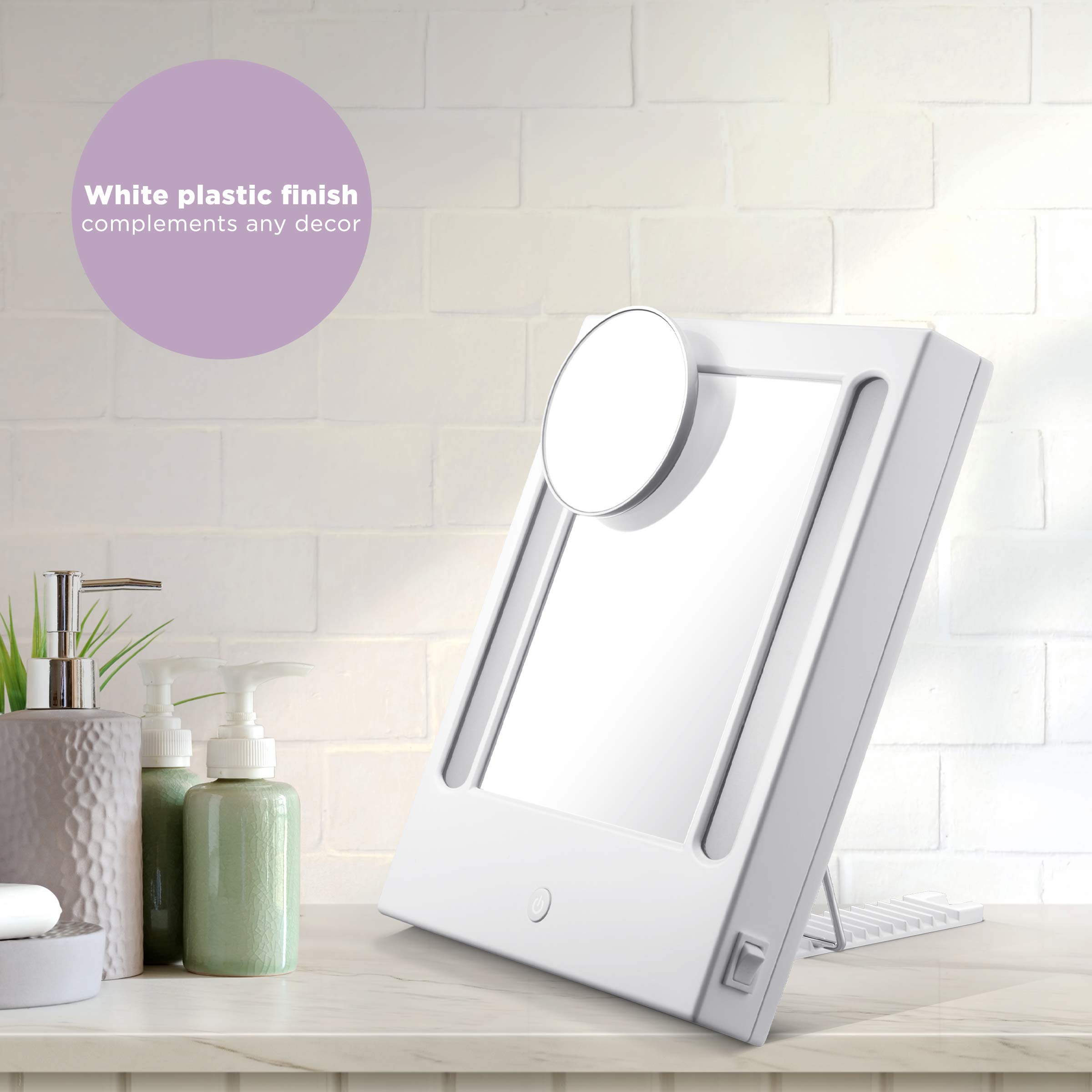 Conair Lighted Makeup Mirror with LED Lights - 1X/5X Magnifying Vanity Mirror in Glossy White - Perfect for Makeup Application, Skincare & Grooming at Home or Salon