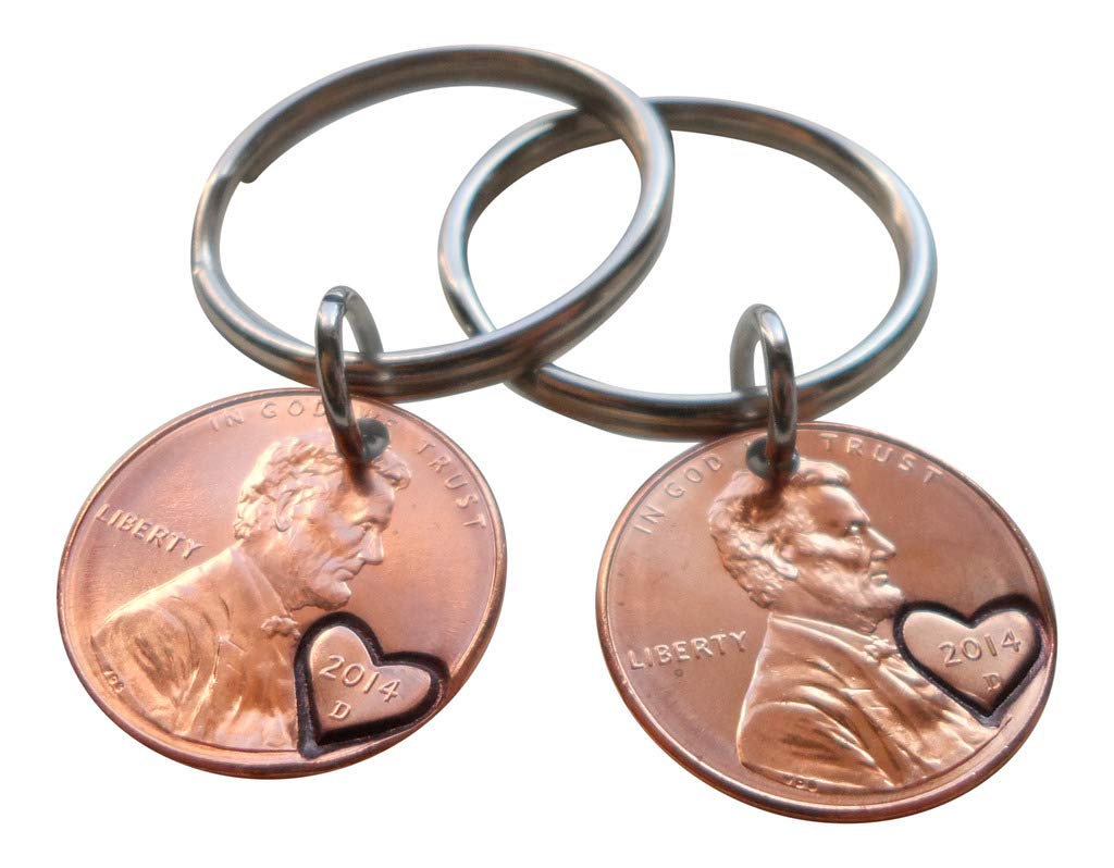 2014 Double Heart Penny Keychains - Engraved Couples Anniversary Gift for 11 Years, Romantic Keepsake for Him & Her, Perfect for Valentine's Day, Weddings, and Special Occasions