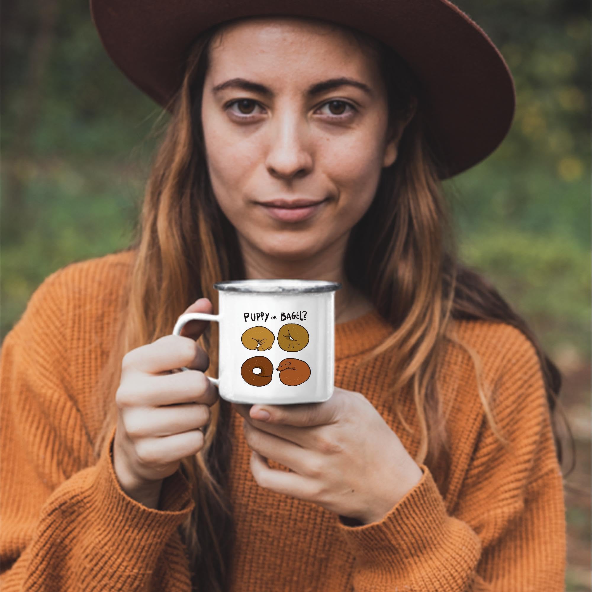 12oz Enamel Silver Coffee Mug - Perfect Gift for Dog Lovers, Pet Owners & Animal Fans - Cute Puppy and Bagel Sleeping Design - Great for Coffee, Tea & Hot Drinks at Home or Office