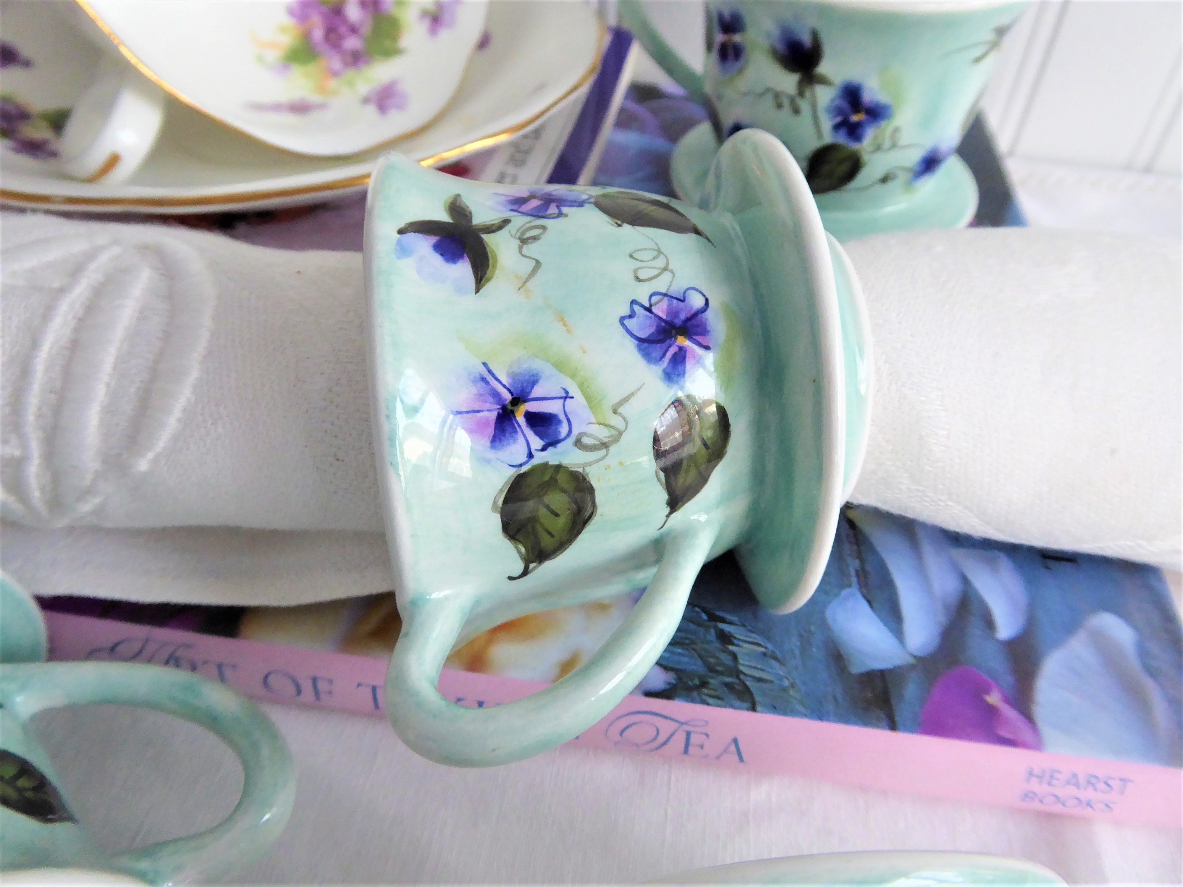 Handpainted Ceramic Teacup Napkin Rings Set of 4 - Violet Floral Design in Egg Blue & Purple - Perfect for Spring Tablescapes, Easter Decor, and Tea Party Table Settings