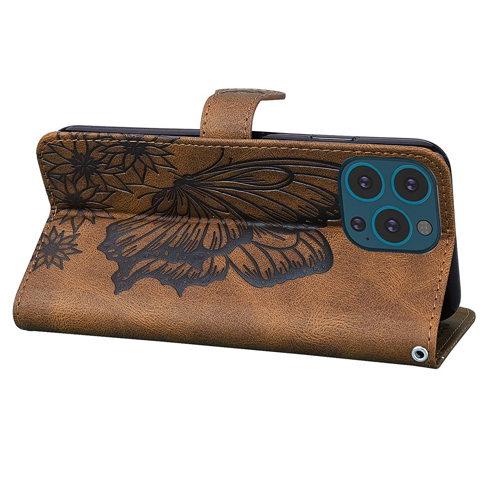Apple iPhone 13 Pro Max Case - Butterfly Embossed PU Leather Flip Wallet Cover with Card Slots & Stand | Protective Case for iPhone 13 Pro Max (Butterfly Brown) | Perfect for Daily Use, Travel & Business Meetings