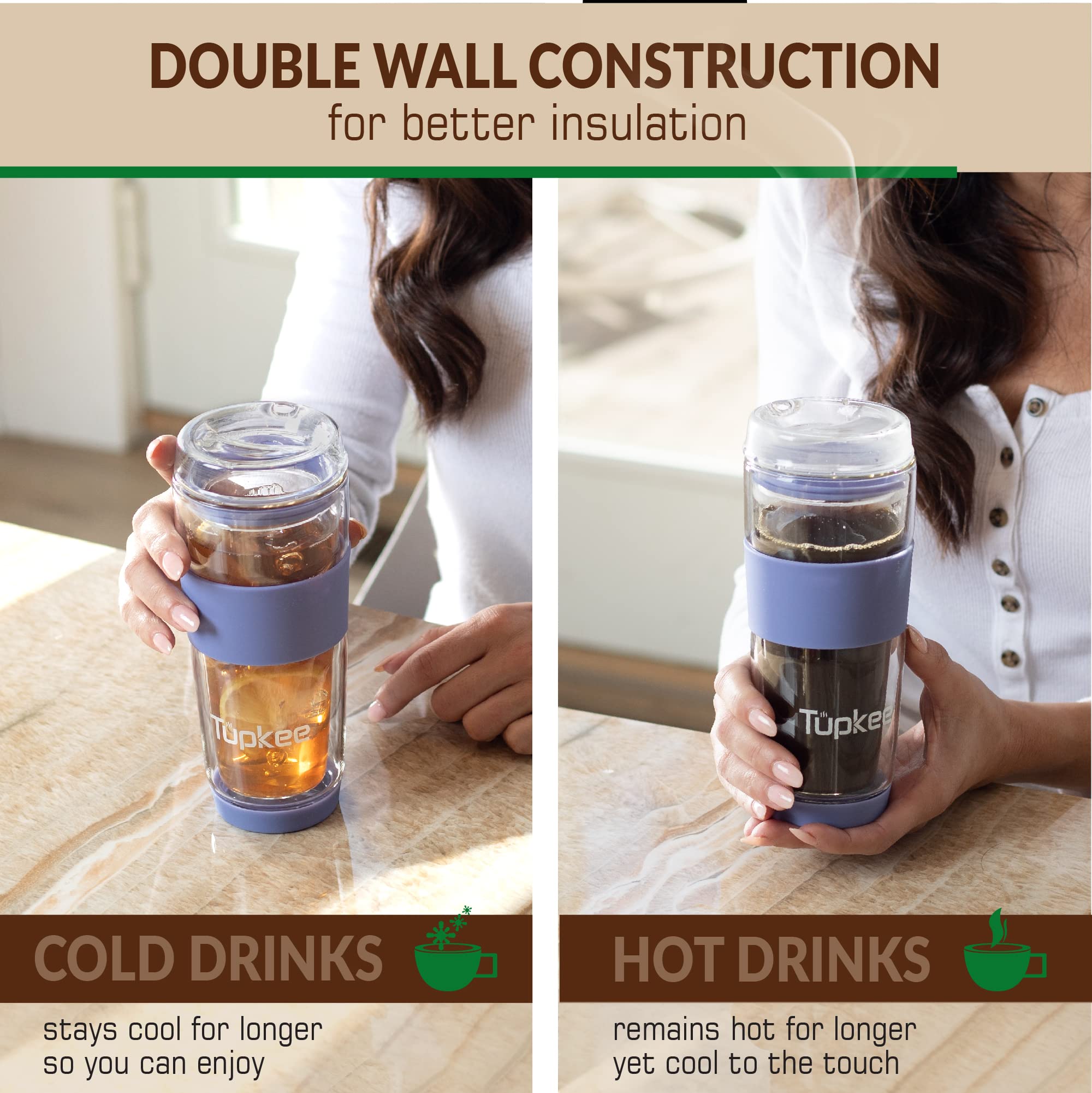 **Tupkee 14-Oz Double Wall Insulated Glass Tumbler - Reusable Coffee & Tea Travel Mug with Lid, Hand-Blown Glass, Jacaranda Color - 2 Pack - Perfect for Hot/Cold Drinks On-The-Go**