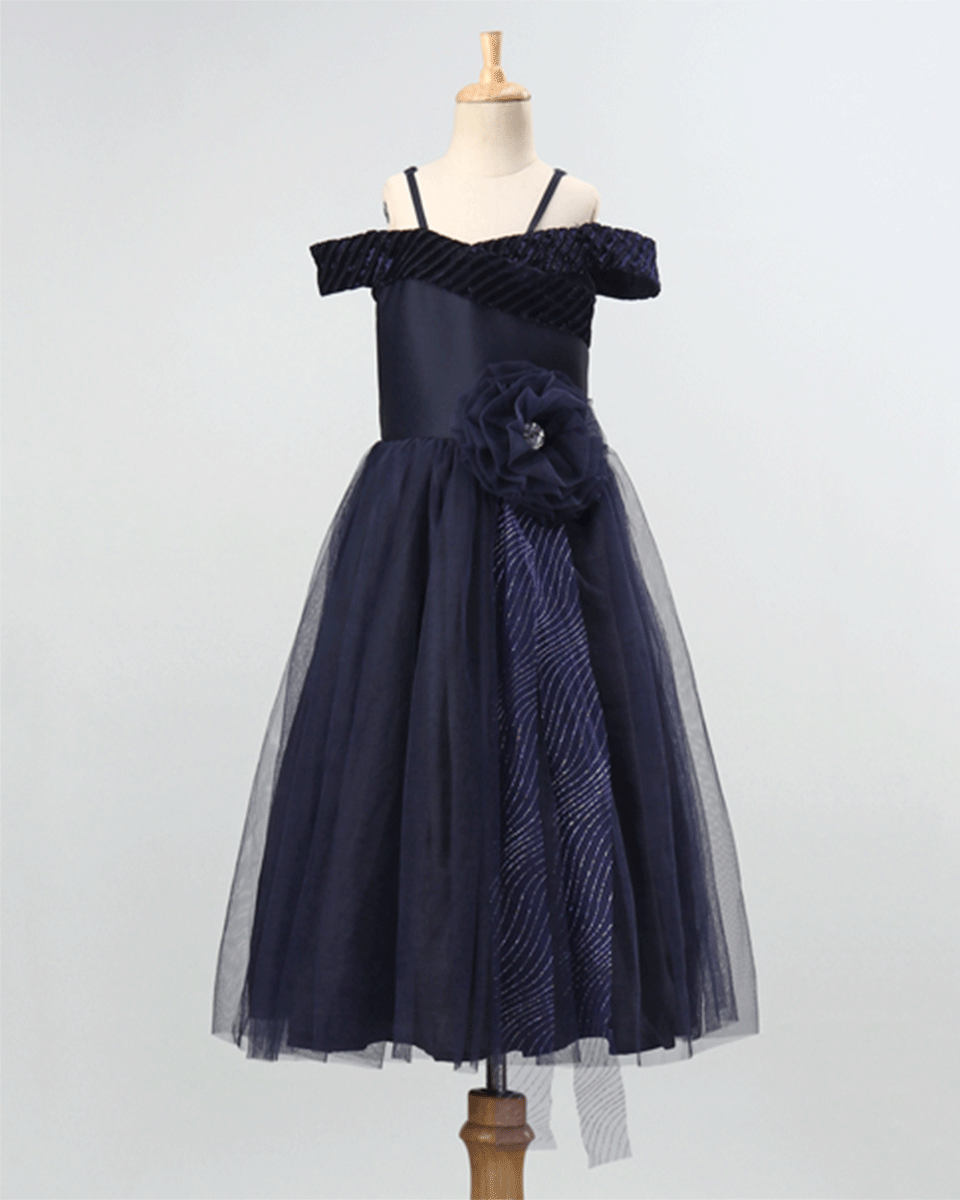 Pre Order: Navy Blue Girls Flower Embellished Party Gown with Net and Crepe Lining | Elegant Flower Girl Dress for Weddings, Birthday Parties & Special Occasions