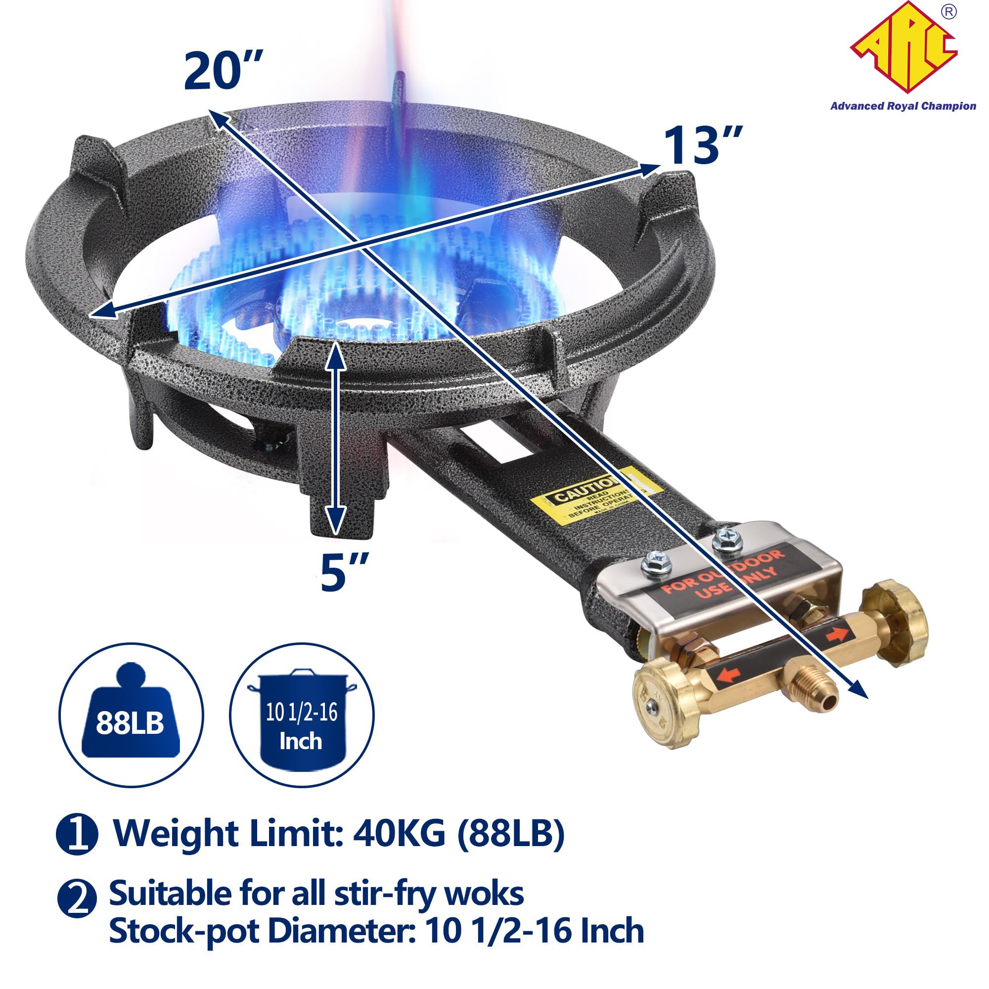 ARC Outdoor Propane Burner Stove - Heavy Duty Cast Iron Portable Single Burner with 0-20 PSI CSA Adjustable Regulator & Stainless Steel Hose - Perfect for Wok Cooking, Camping, Tailgating, and Outdoor Grilling