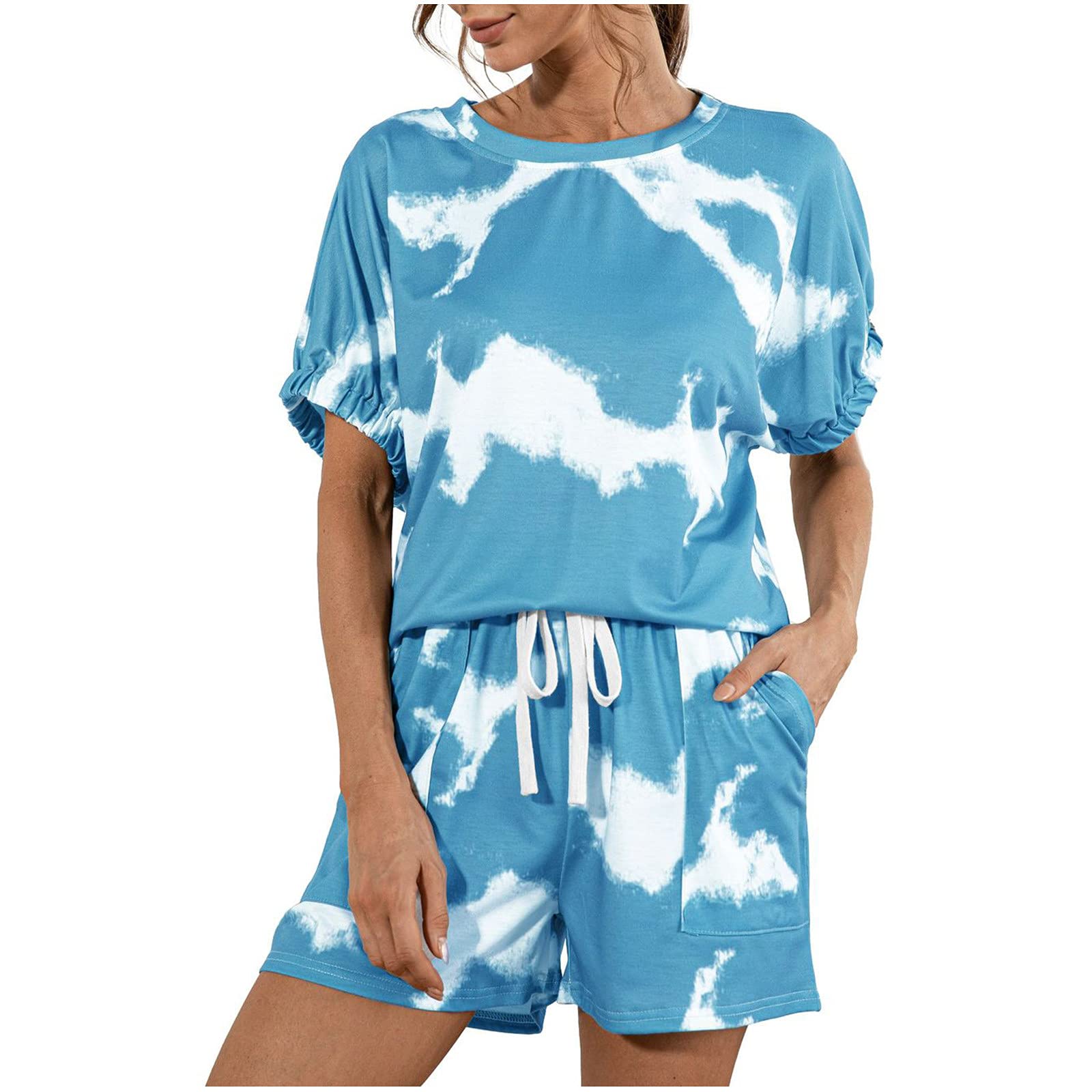 Women's Summer Lounge Set - Casual Crewneck Print Short Sleeve Top & Drawstring Shorts 2-Piece Outfit | Comfortable Tracksuit for Home, Travel & Relaxation | Perfect for Lounging, Vacation & Everyday Wear