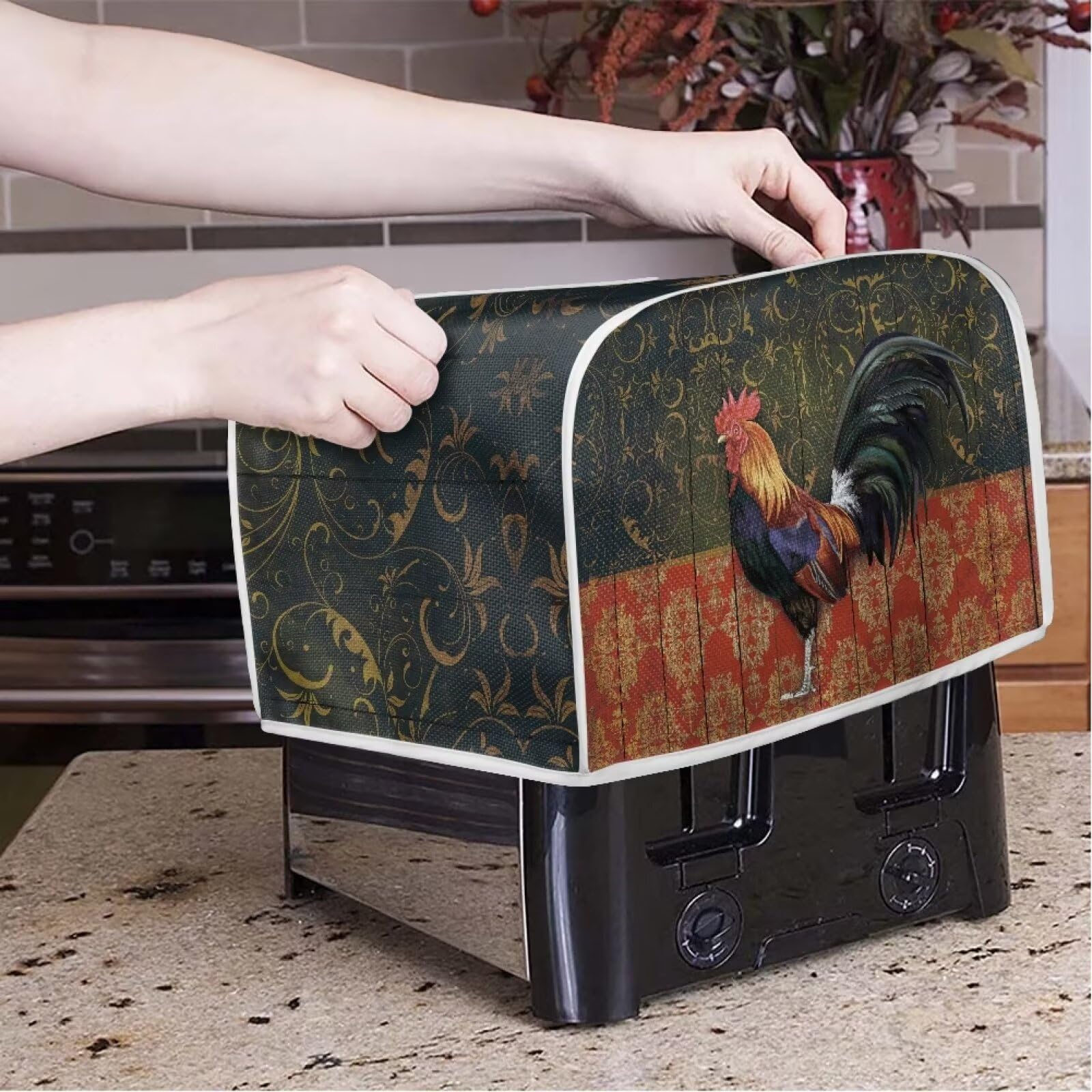 Chicken Rooster Print Toaster Cover - Dust & Grease Protection for 4-Slice Toasters - Kitchen Appliance Cover for Bread Makers - Perfect for Country Kitchen Decor & Breakfast Stations