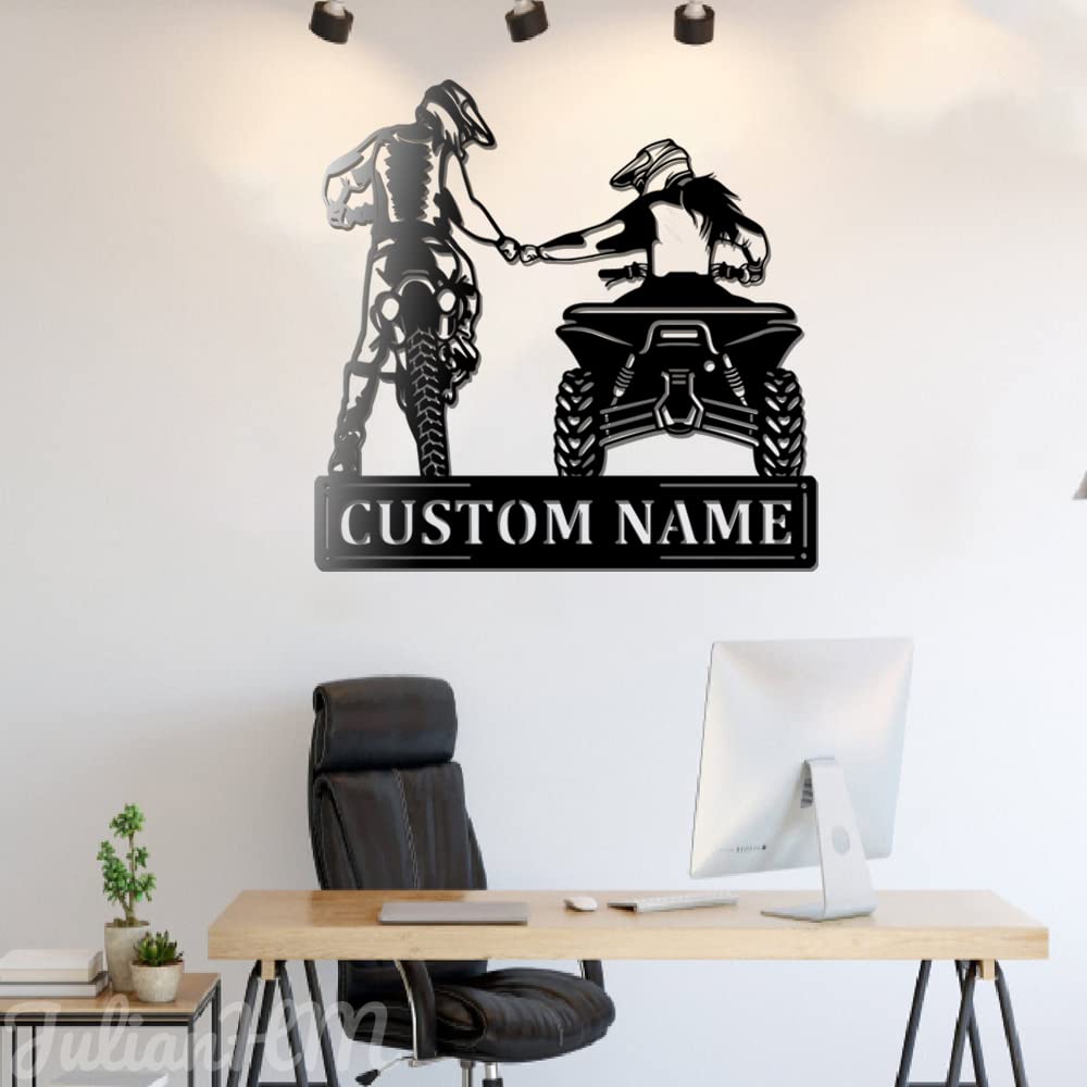 Custom Family Dirt Bike & ATV Metal Wall Art with LED Lights - Personalized Motocross Name Sign for Couples - 12x12 Inch Home Decor for Living Room, Bedroom or Man Cave - Perfect Gift for Bikers & Off-Road Enthusiasts