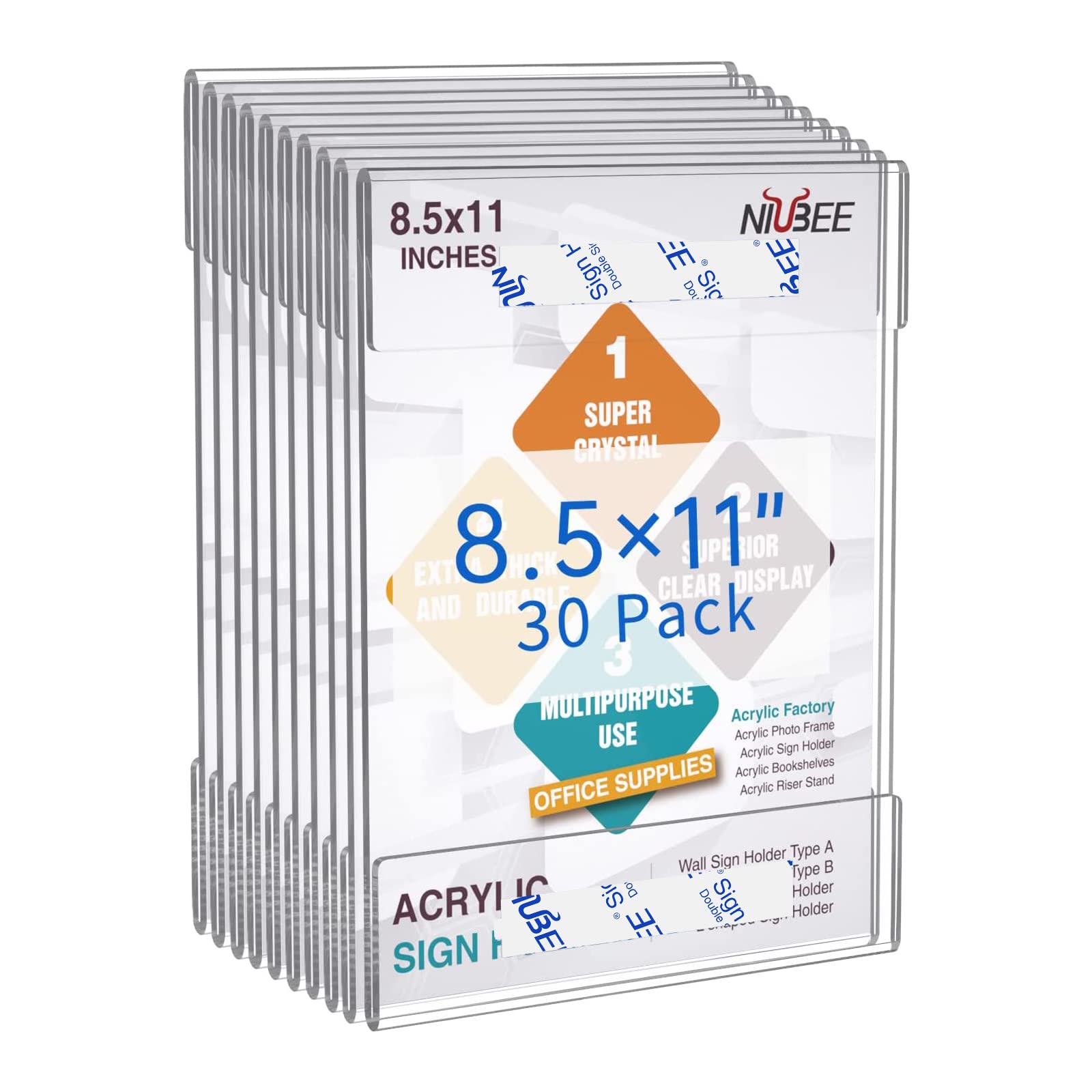 Niubee 8.5x11 Inch Clear Acrylic Wall Mount Sign Holder with Strong Double-Sided Adhesive Tape - No Drilling Required (30 Pack) - Perfect for Office, Home, Store, Restaurant & Retail Displays