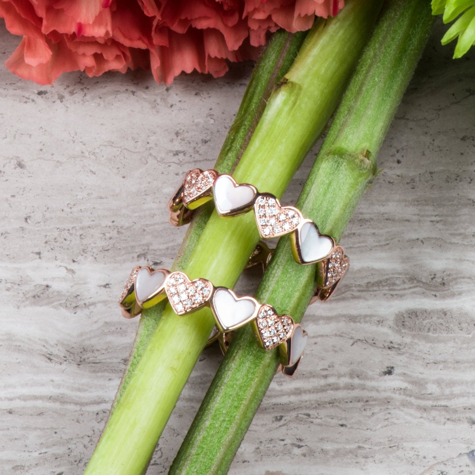 14k Rose Gold Diamond and Mother of Pearl Heart Eternity Band Ring - Romantic Wedding, Anniversary, or Valentine's Day Gift for Her