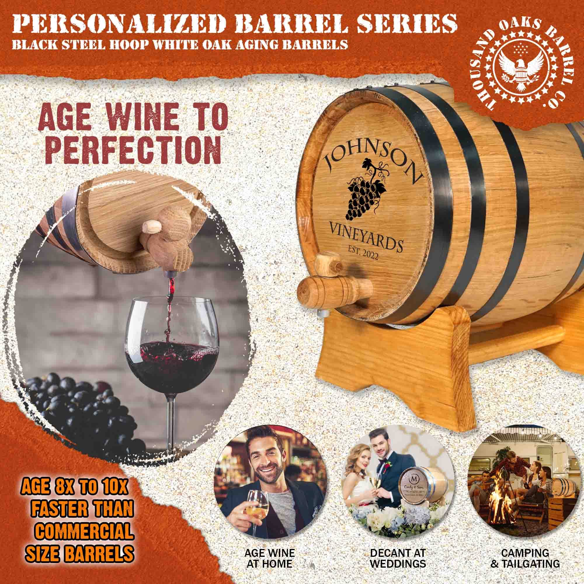 5 Liter Personalized Oak Wine Barrel (1 Gallon) with Stand, Bung & Spigot - Custom Engraved V16 Design for Aging Whiskey, Bourbon, Cocktails & Beer | Perfect for Home Bars, Gifts & Craft Brewing