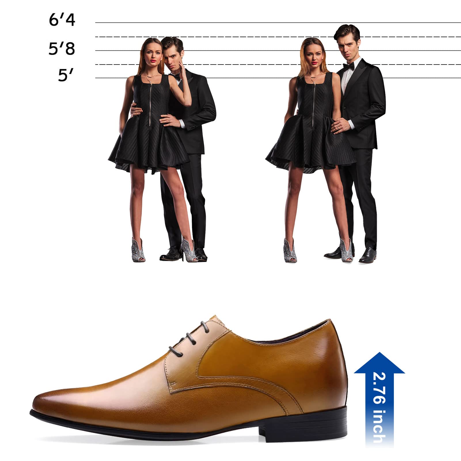 CHAMARIPA Men's Invisible Elevator Shoes – Lace-Up Leather Oxford Dress Shoes for Height Increase | Formal & Tuxedo Lift Shoes for Weddings, Business & Special Occasions