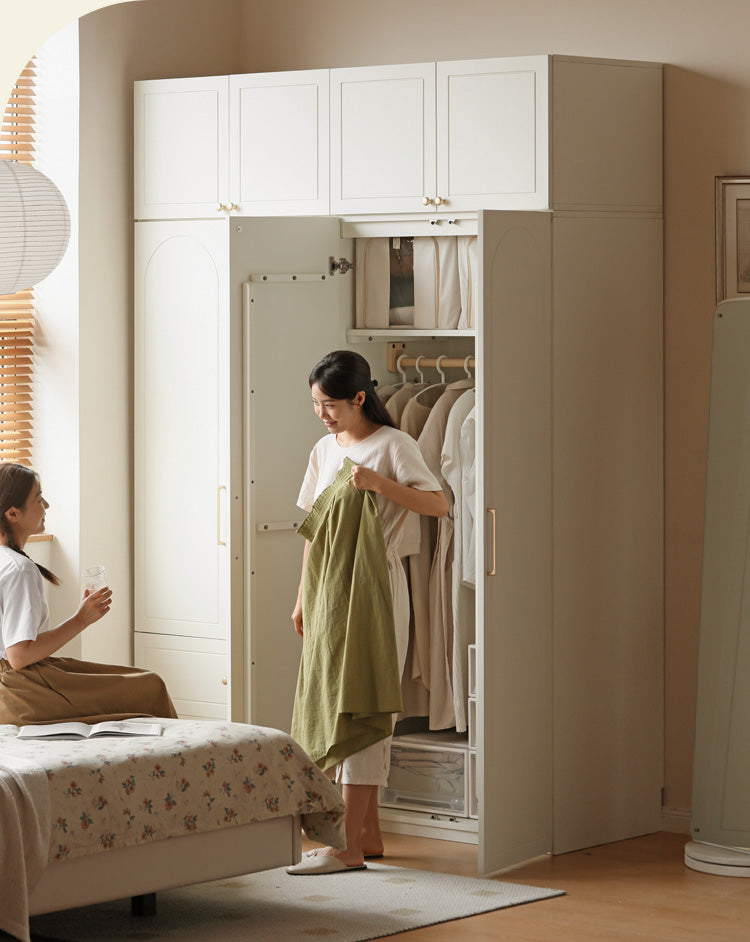 French Cream Pine Solid Wood Wardrobe - Elegant Vintage Closet for Bedroom, Living Room & Guest Room Storage