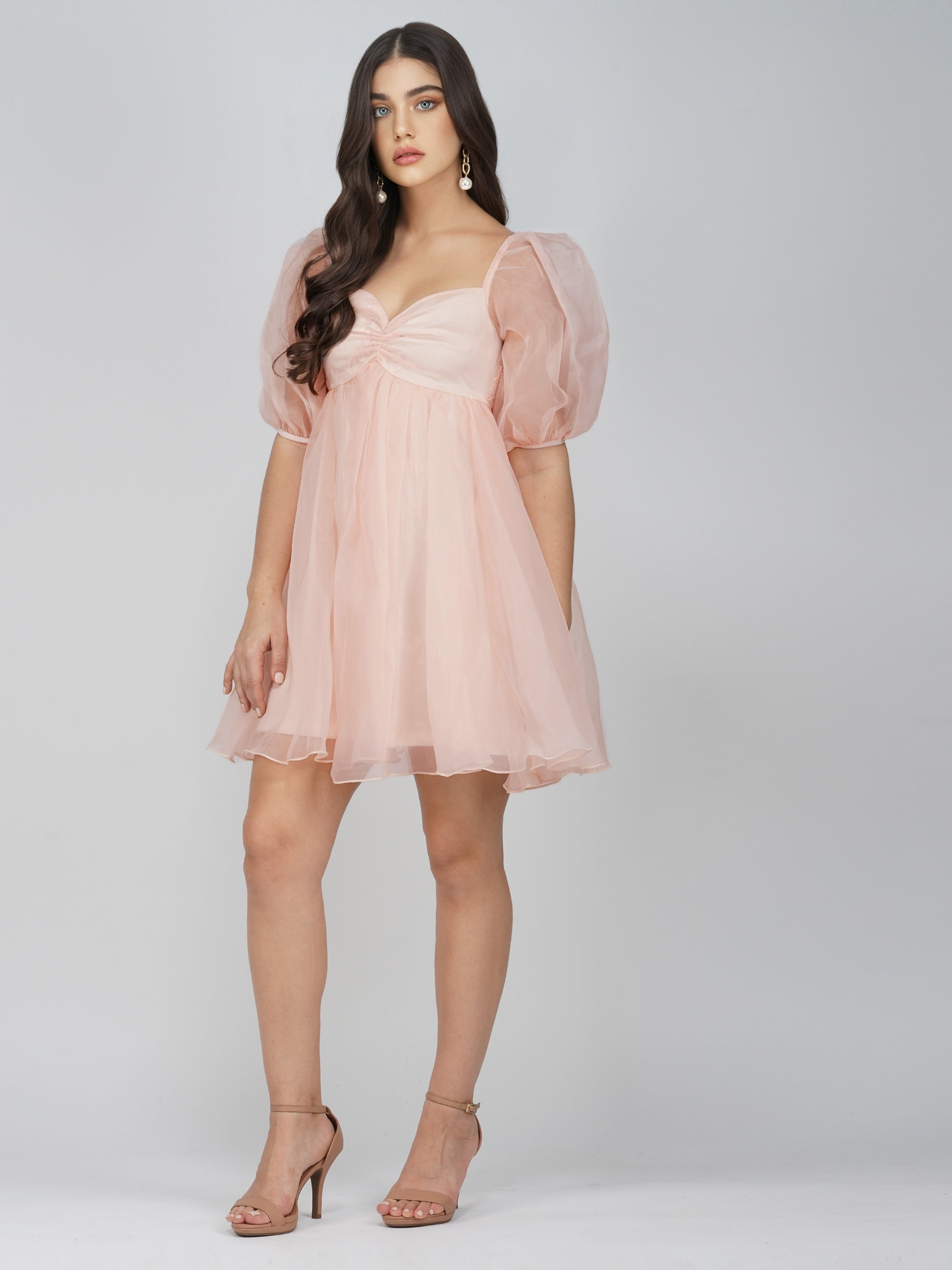 Melanie Pink Puff Sleeve Dress for Women - Elegant Flowy Midi Dress with Ruffle Details | Perfect for Weddings, Parties & Special Occasions