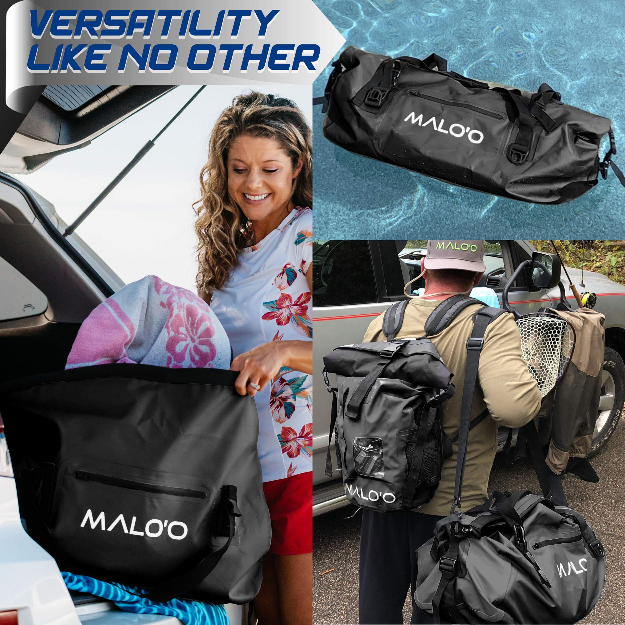 **Malo'o Waterproof Dry Bag Duffel 40L/60L/100L - Roll Top Design for Kayaking, Rafting, Boating, Swimming, Camping, Hiking, Beach & Fishing - Internal & External Pockets with Molle Loops - Keep Gear Dry for Outdoor Adventures**
