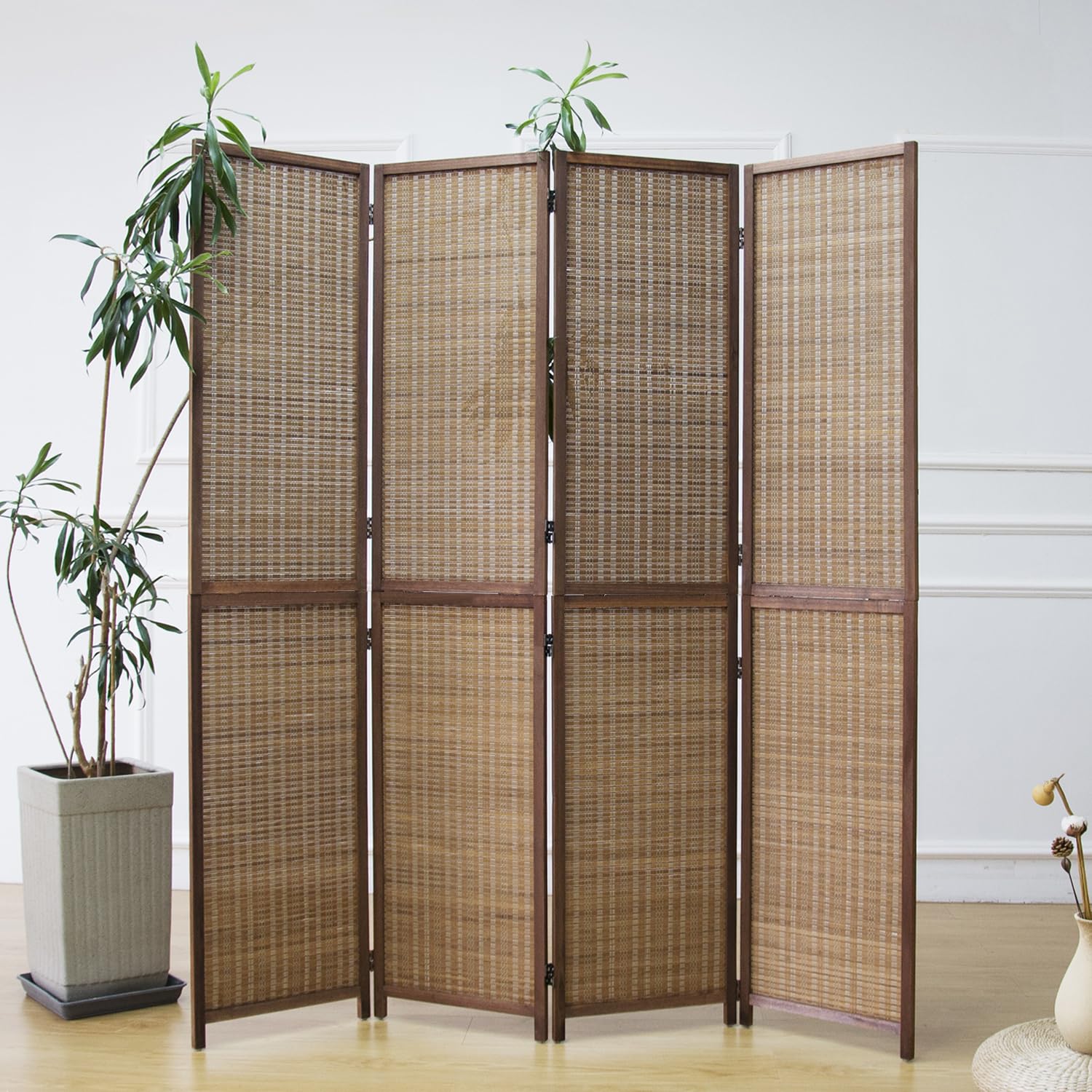 4 Panel Bamboo Room Divider - Foldable & Detachable Folding Screen for Home & Office (67