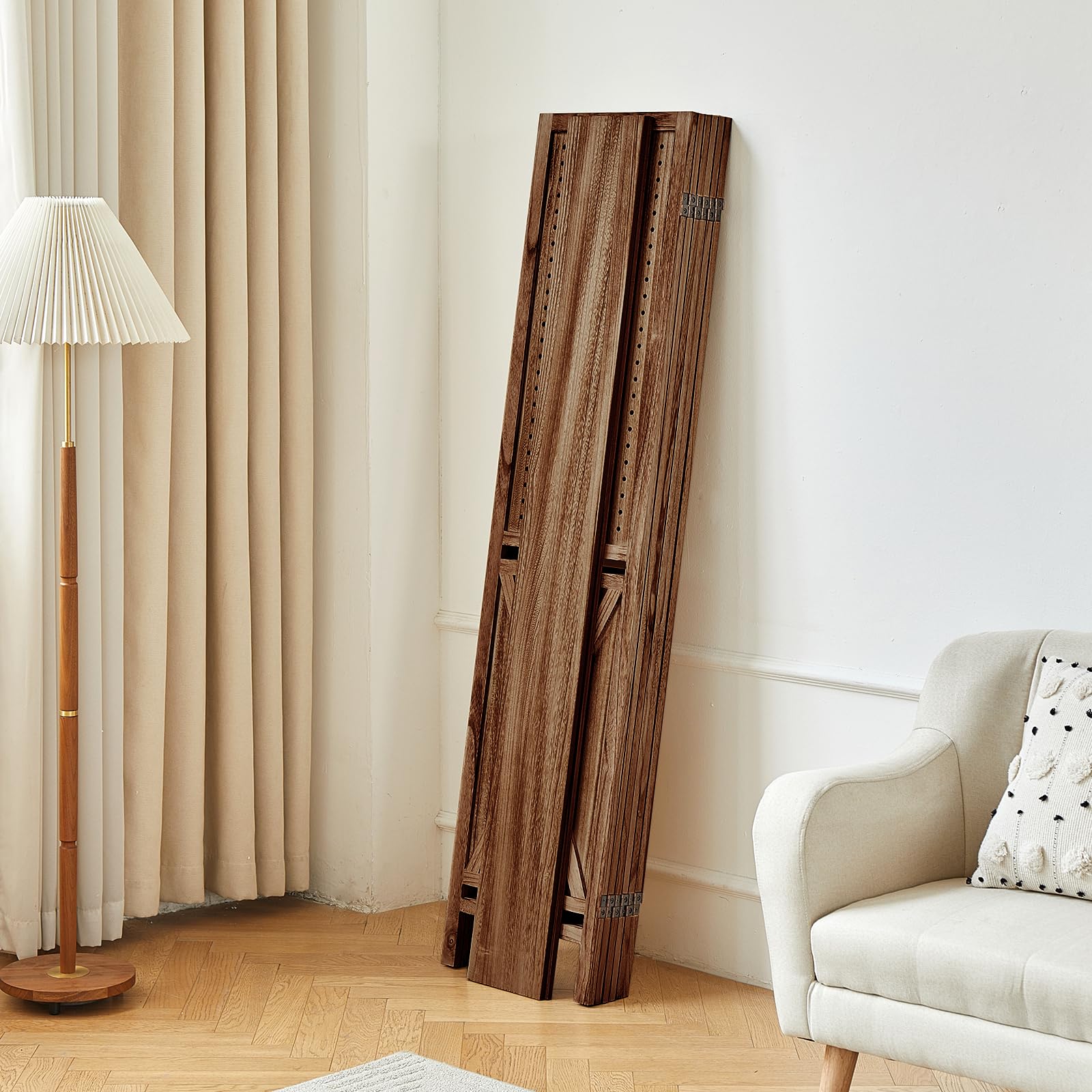 6 Panel Solid Wood Room Divider with Shelves & Pegboard - 5.6Ft Freestanding Display Organizer with 24 Hooks - Multi-Purpose Wall Organizer for Craft Shows, Jewelry Stores, Retail Boutiques & Clothing Displays - Perfect for Home Office, Trade Shows & Store Displays (Brown)