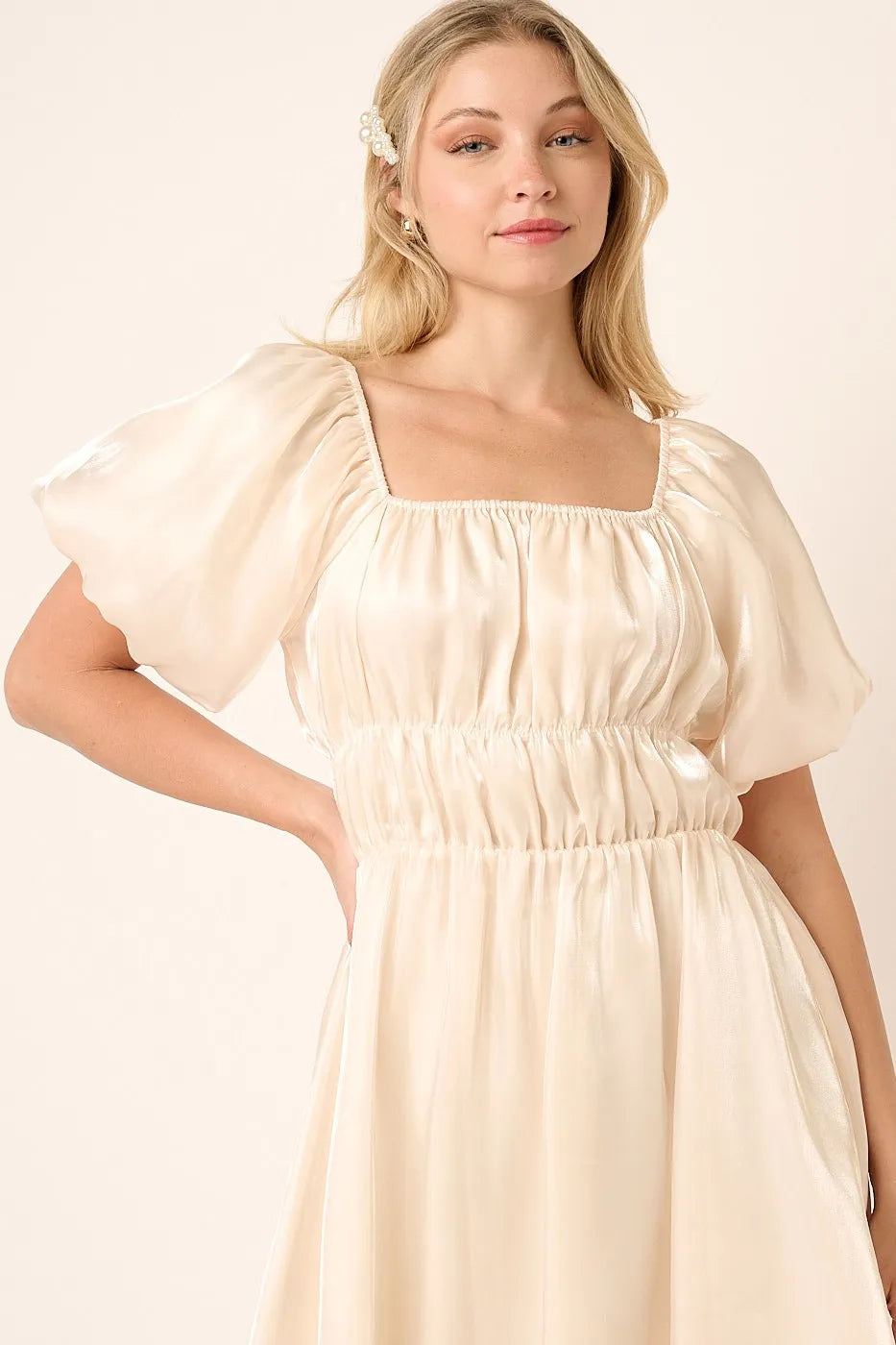 Elegant Metallic Organza Balloon Sleeve Mini Dress for Party, Wedding, Prom & Special Occasions | Shimmering Cocktail Dress for Women | Perfect for Evening Events, Date Nights & Celebrations