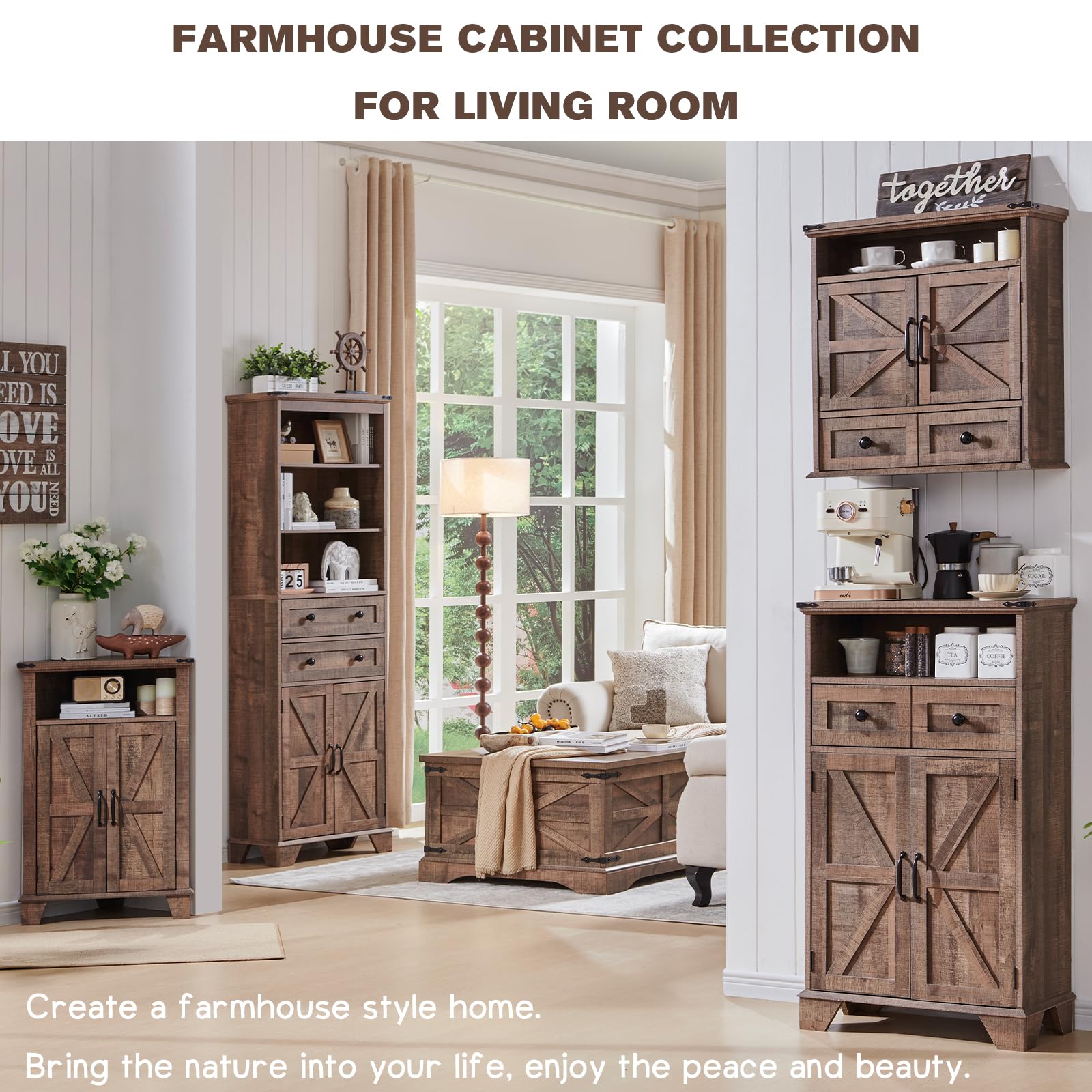 Farmhouse Corner Bathroom Cabinet with Barn Door & Adjustable Shelf - Rustic Brown Storage Cabinet for Bathroom, Kitchen, Living Room | Space-Saving Organizer for Small Bathrooms & Cozy Farmhouse Decor