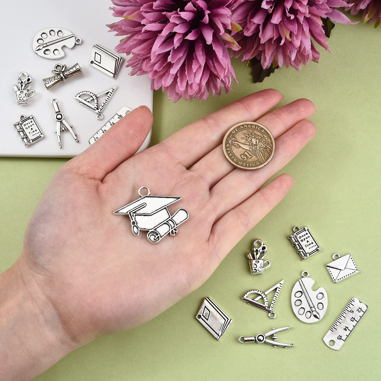 100pcs Graduation Cap Charms - Tibetan Style School Theme Jewelry Making Supplies for Students & Teachers | Perfect for DIY Bracelets, Necklaces, and Keychains