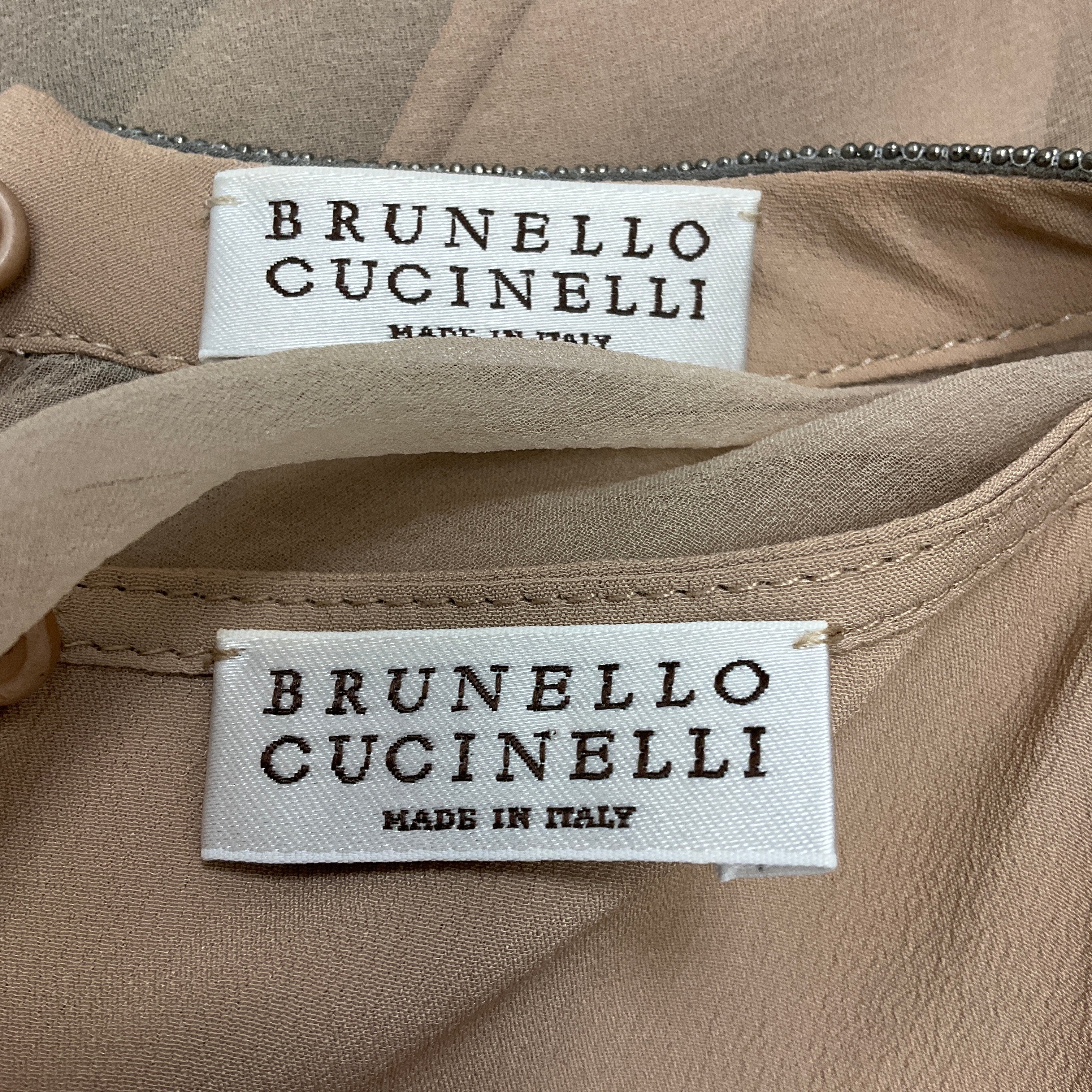 Brunello Cucinelli Beige Silk Top with Bead Embellishments - Elegant Layered Blouse for Women | Perfect for Office Wear, Evening Events & Special Occasions