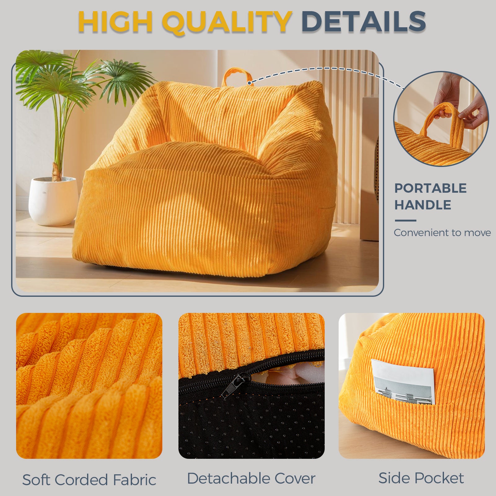 MAXYOYO Bean Bag Chair with Handle & Pocket - Soft Floor Sofa for Teens, Gaming, Reading & Relaxing - Perfect for Living Room, Bedroom & Dorm (Orange)