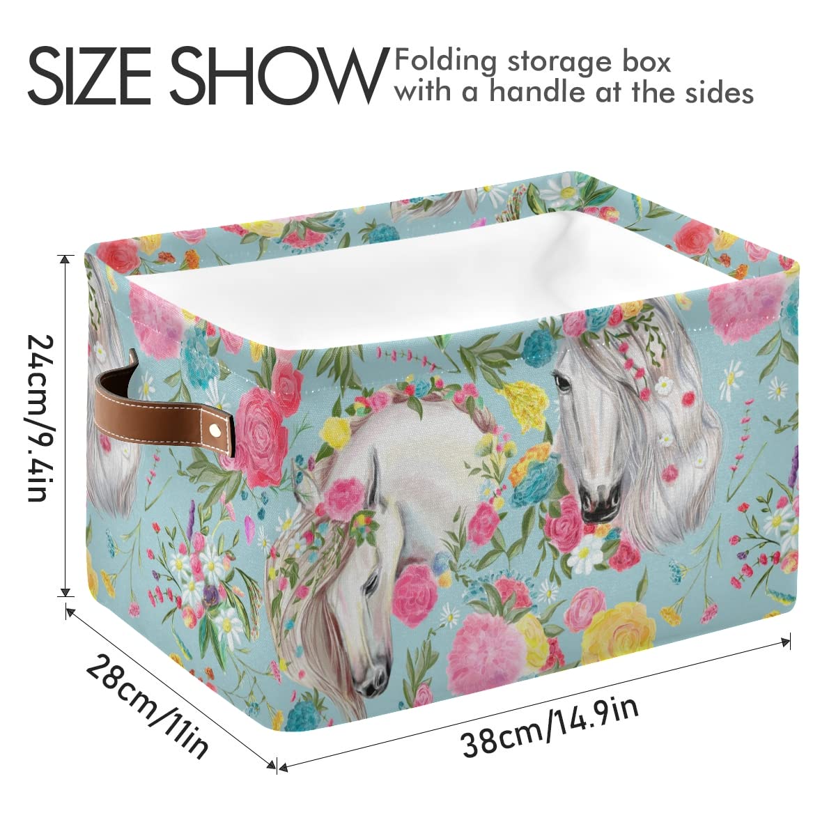 Square Canvas Storage Basket for Closet & Office - Horses & Flowers Design