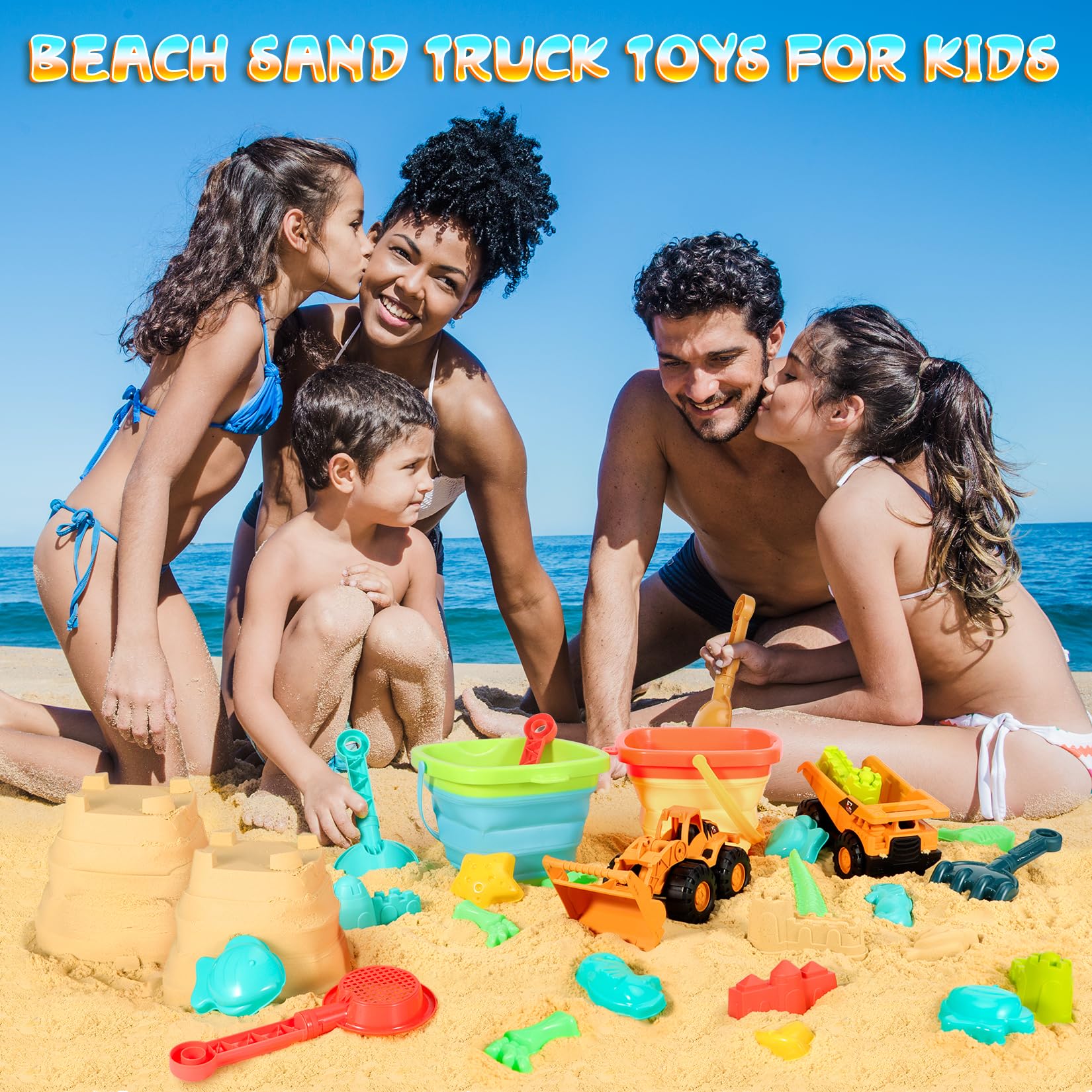 29PCS Beach Sand Toys Set for Kids Ages 3-10 - 2 Collapsible Buckets, 2 Dump Trucks, Dinosaur Molds, Castle Kit, Shovels & Mesh Storage Bag | Outdoor Sandbox & Travel Beach Toys for Toddlers | Perfect for Beach Vacations, Backyard Play & Summer Activities