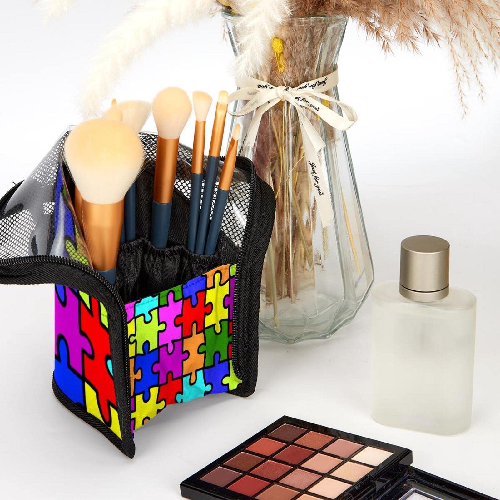 12-Piece Colorful Rainbow Makeup Brush Organizer Bag with Portable Holder Case - Perfect for Travel, Home Storage & Professional Makeup Artists