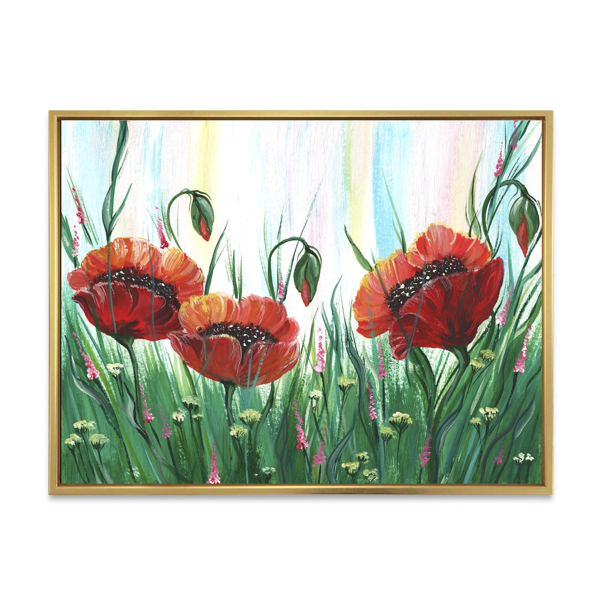 DesignQ Red Bright Poppy Flowers on Green Meadow - Traditional Framed Canvas Wall Art Print for Living Room, Bedroom & Office Decor