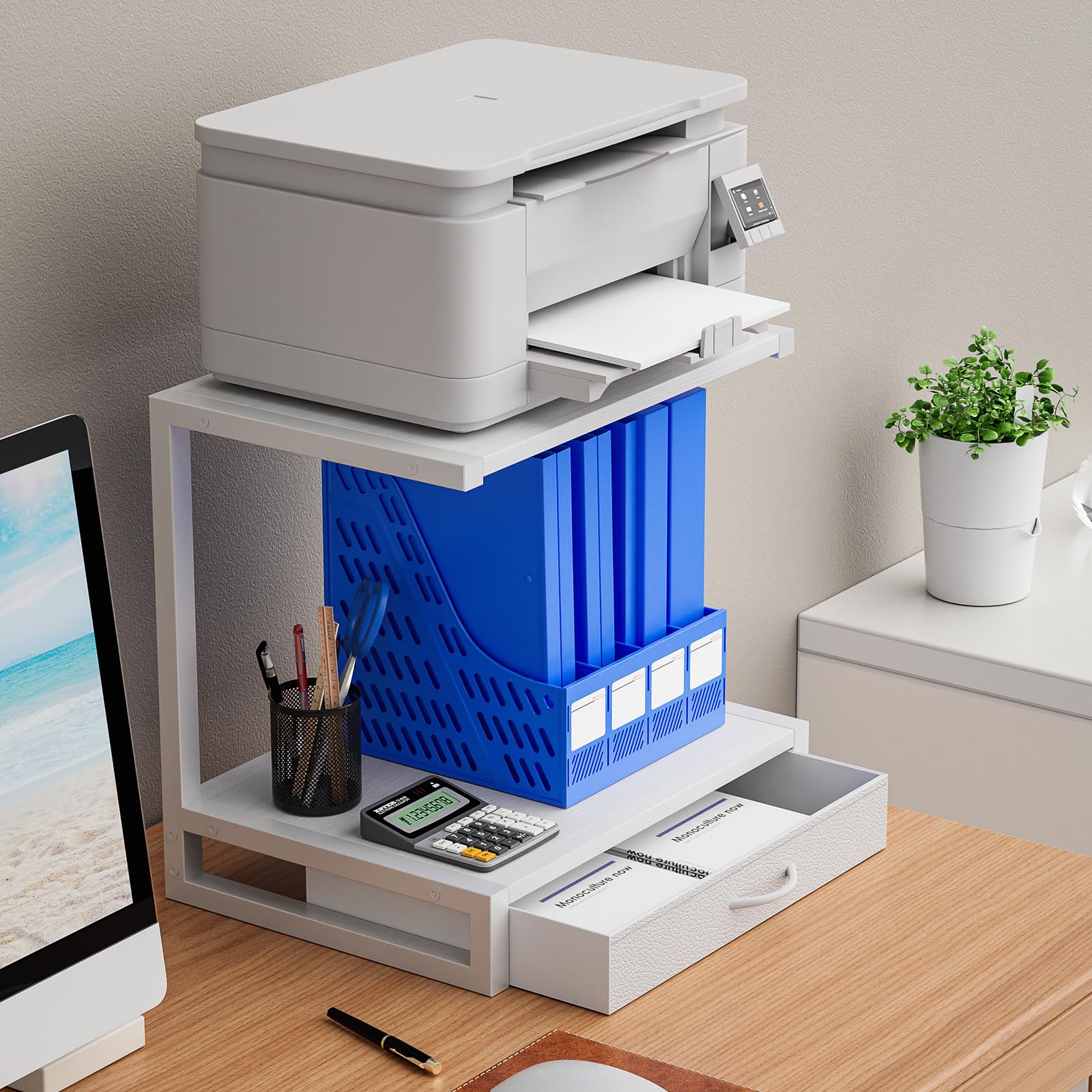 2-Tier Desktop Printer Stand with Fabric Drawer - Home Office Organizer with Storage Shelf for 3D Printer, Fax Machine & Scanner - Space-Saving Desk Accessory (17.3
