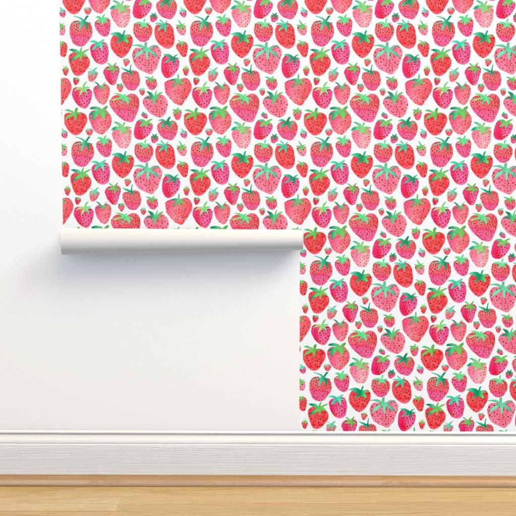 Peel & Stick Wallpaper Swatch - Watercolor Strawberries Design, Removable Self-Adhesive Wallpaper for Home Decor, Nursery, Kitchen & DIY Projects | Spoonflower