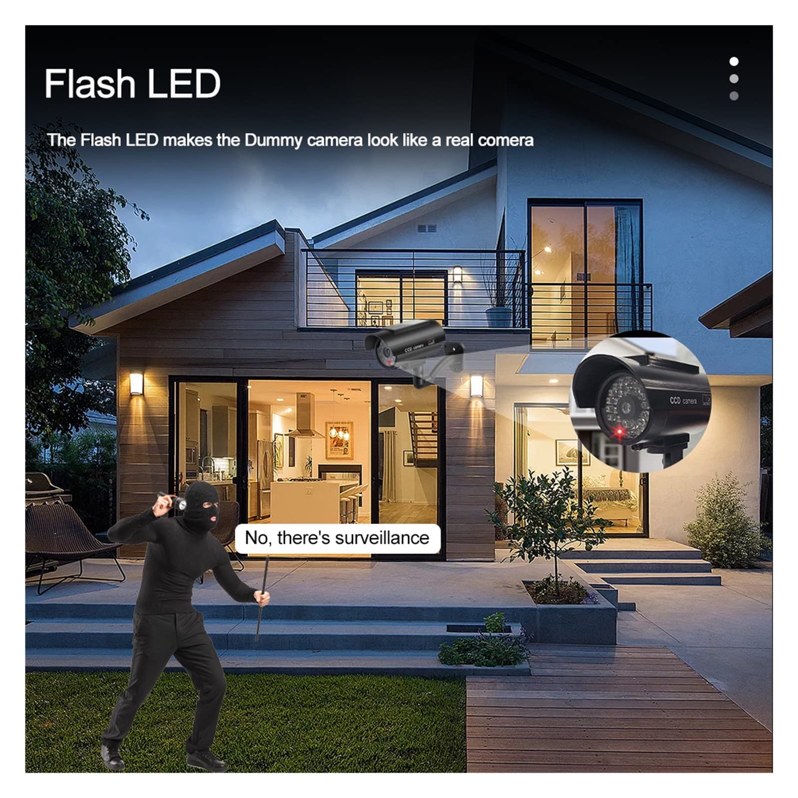 DELURA Solar Security Camera - Fake Dummy Outdoor Camera with Solar Panel, Waterproof Bullet Design & LED Light - Ideal for Home Security Monitoring (Black) | Perfect for Front Door, Backyard & Indoor Surveillance