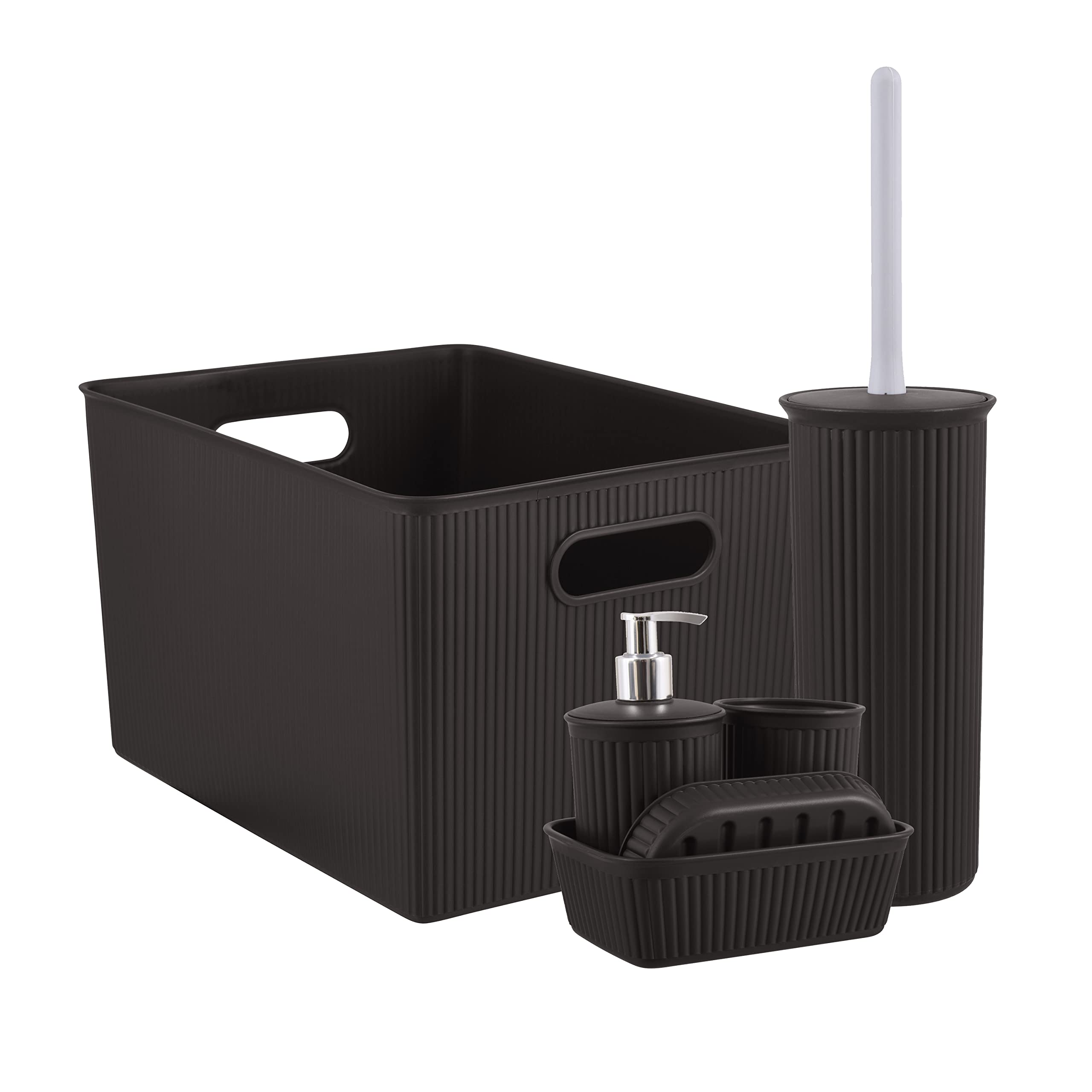 Superio Ribbed Collection - 6-Piece Decorative Plastic Bathroom Accessories Set in Brown | Soap Dish, Liquid Soap Dispenser, Toothbrush Holder, Organizer Bin, Vanity Tray & Toilet Brush | Modern Bathroom Decor for Home, Apartment & Guest Bathroom Organization