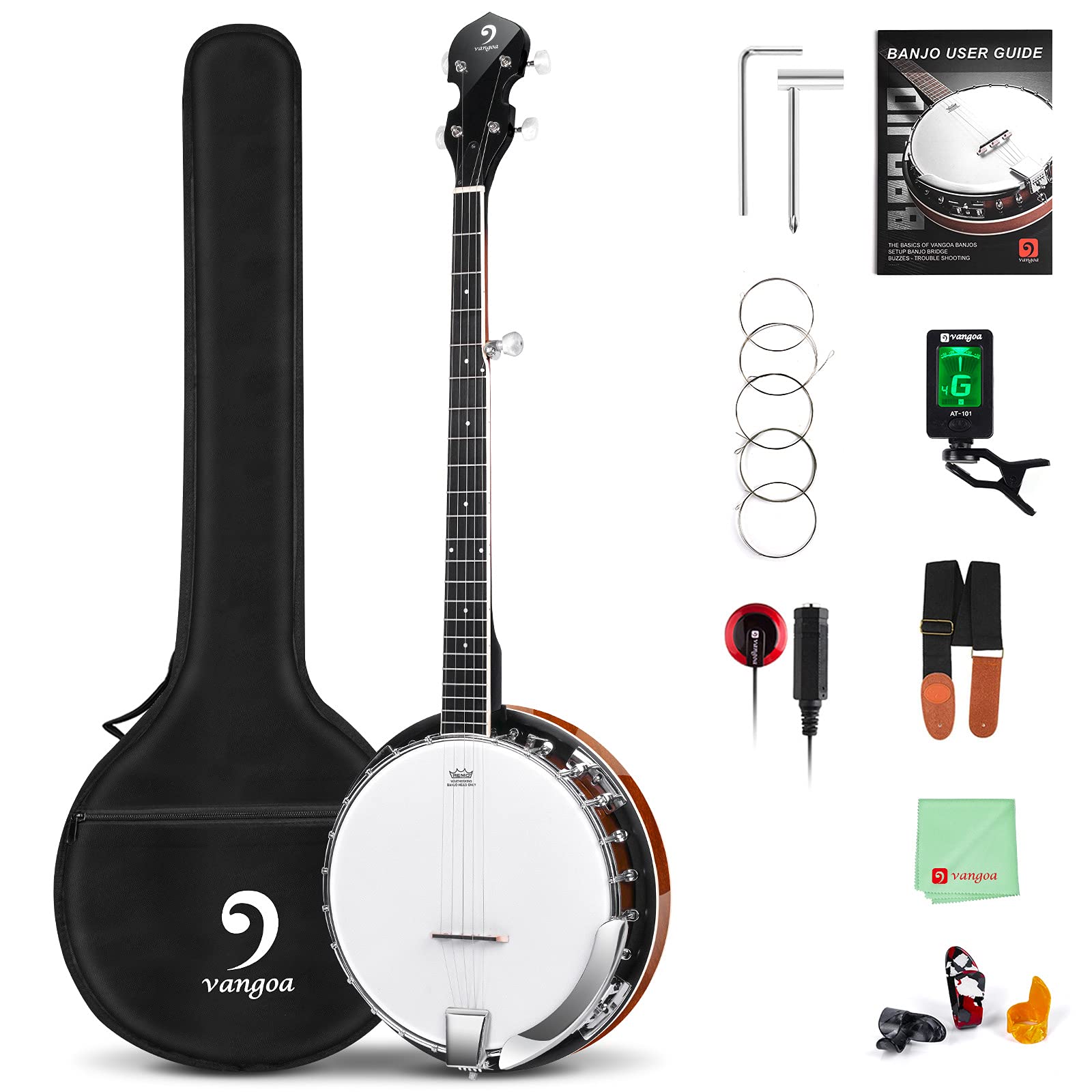 Vangoa Left-Handed 5-String Mahogany Open Back Banjo with Resonator & Remo Drum Head - Full Size Beginner Kit with Manual & Geared 5th String | Perfect for Bluegrass, Folk Music & Beginner Practice at Home