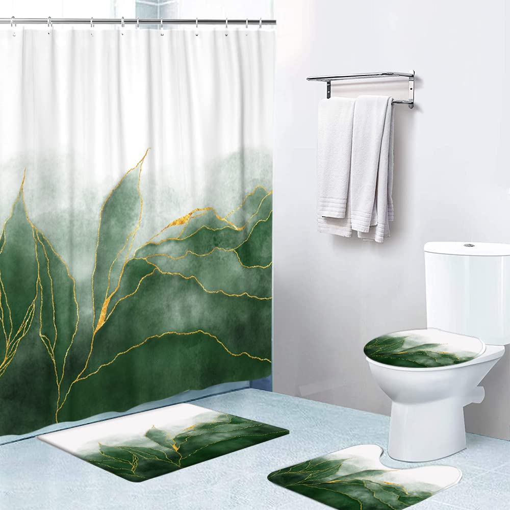 LOKMU 4-Piece Waterproof Shower Curtain Set with Non-Slip Bath Mat, Toilet Lid Cover & 12 Hooks - Green Paint & Gold Veins Design, 72x72 Inches - Perfect for Bathroom Decor & Spa-Like Shower Experience