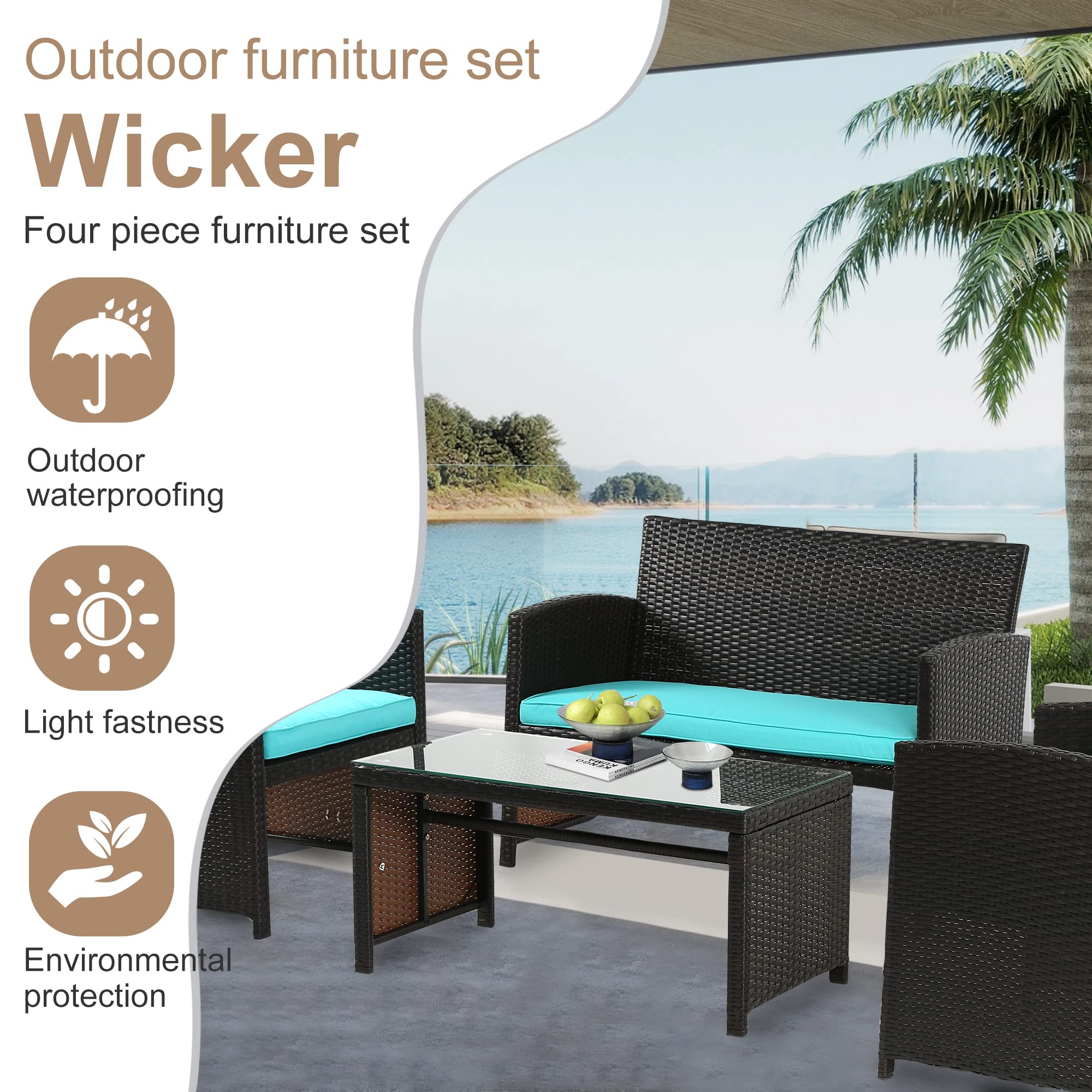 Premium 4-Piece Wicker Rattan Patio Furniture Set with Blue Cushions - Outdoor Conversation Set for Garden, Porch, Poolside & Balcony - Durable FDW Lawn Chairs Perfect for Relaxing & Entertaining