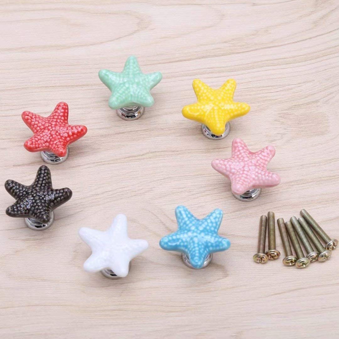 Blue Starfish Ceramic Drawer Pulls - 6 Pack Ocean Theme Cabinet Knobs for Nursery, Kitchen, Wardrobe & Beach Decor | Durable Handles for Dressers, Cupboards & Coastal Style Homes