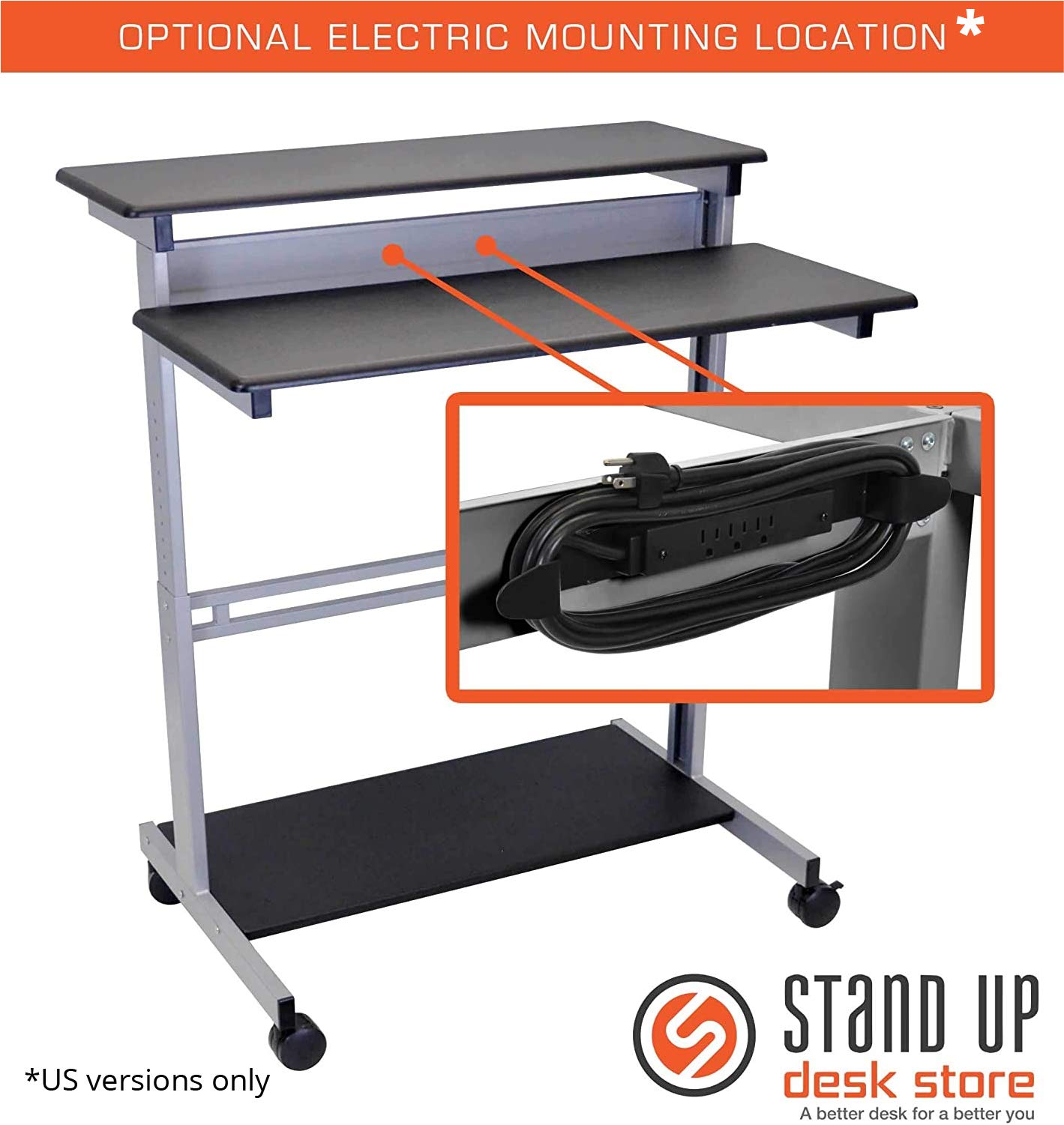 Adjustable Height Rolling Standing Desk with Two-Tier Shelves - Silver Frame & Black Top (40