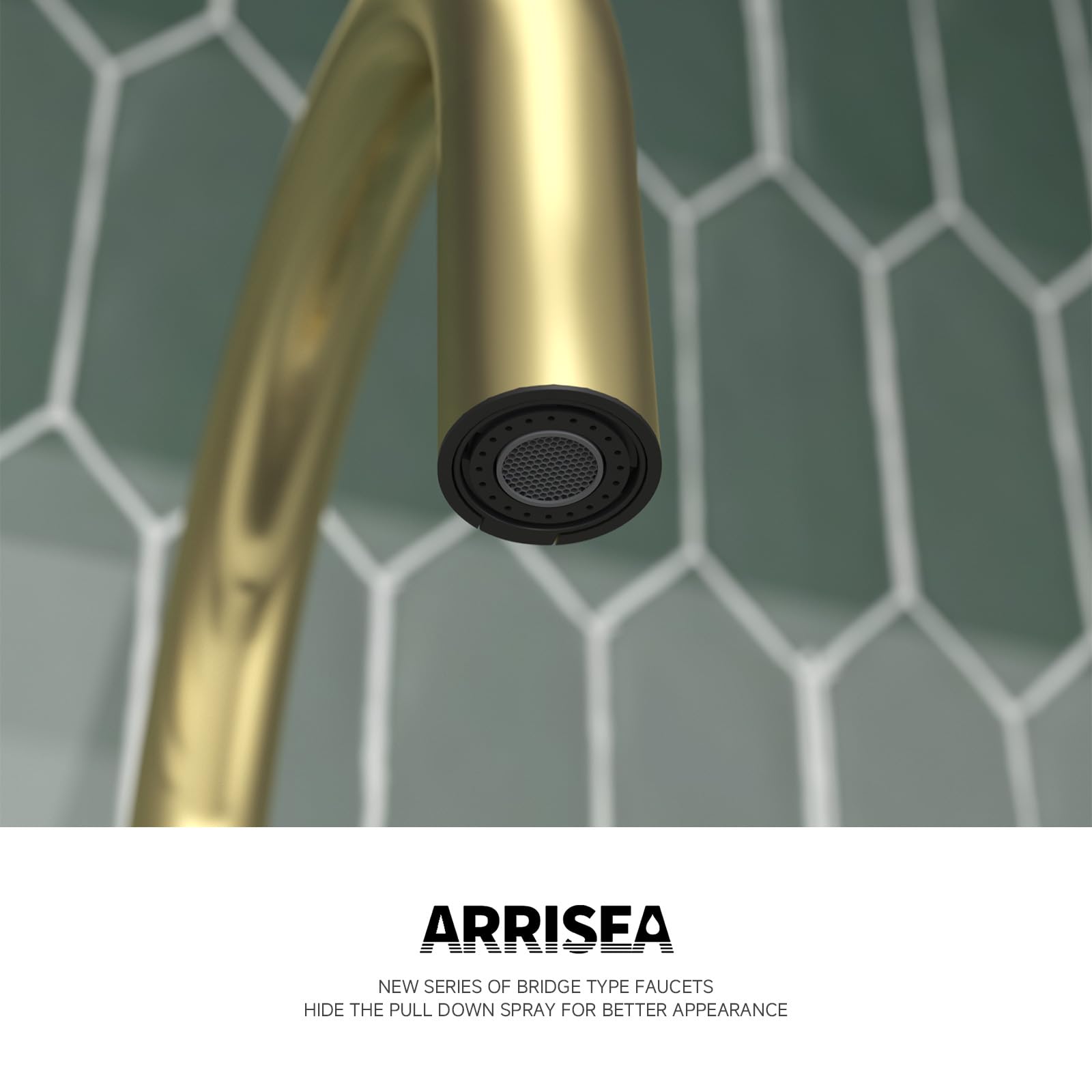 ARRISEA Brushed Gold Bridge Kitchen Faucet - 3 Hole, Pull Down Sprayer for Farmhouse Sinks