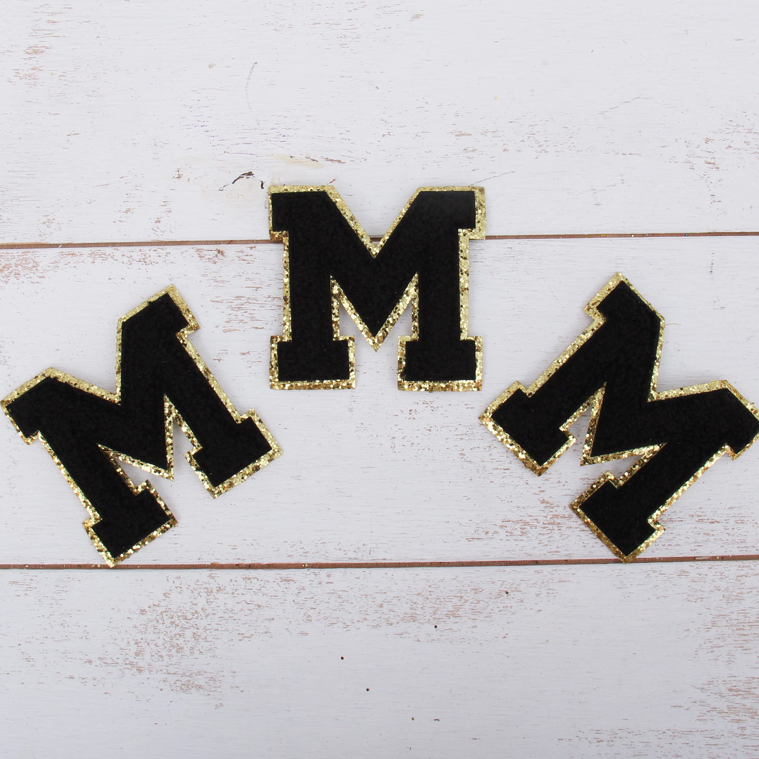 3 Pack Black Chenille Iron On Glitter Varsity Letter Patches - 5cm Tall 