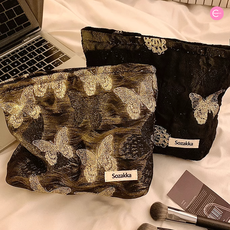 Blue Vip Hyovo Embossed Gold Silk Butterfly Makeup Bag - Elegant Cosmetic Pouch for Travel, Bridal Shower & Gift Giving